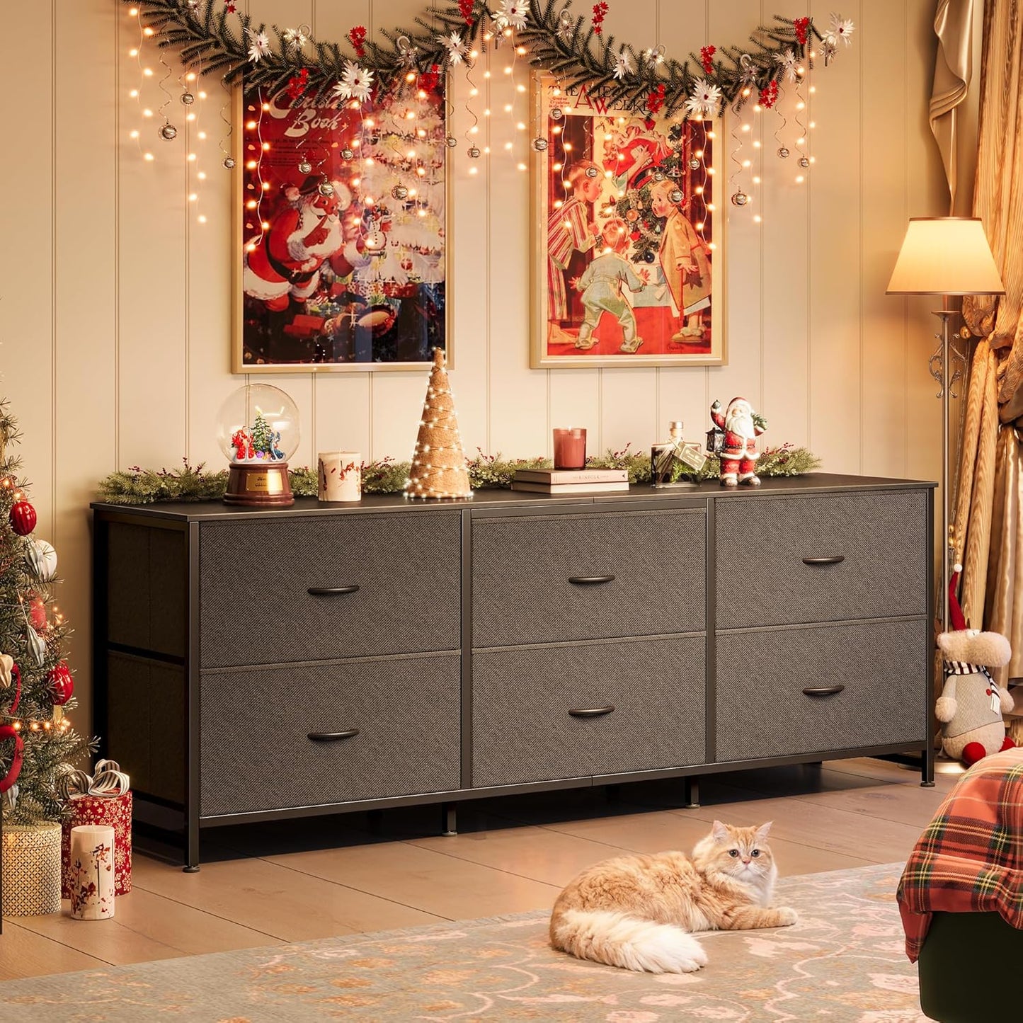 Huuger 63 Inch Long Dresser for Bedroom, Wide TV Stand for 55, 65, 70 Inch TV, 6 Drawer Dresser for Closet with Fabric Drawers, Storage Organizer for Bedroom, Entryway, Black