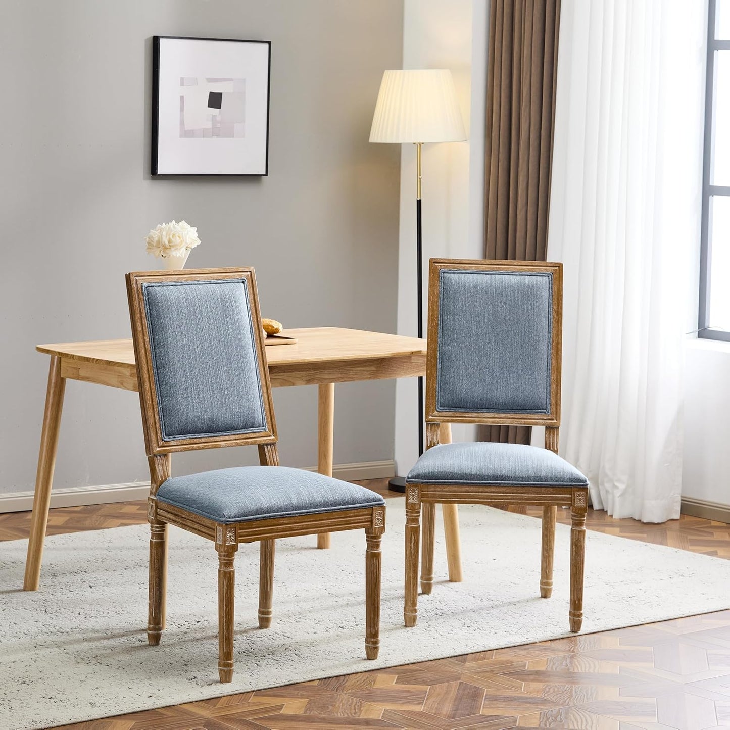 Christopher Knight Home Regina French Country Dining Chairs Set of 2, Wooden Dining Room Chair, High Back Kitchen Side Chair, Fabric Upholstered Armless Extra Seat, Slate Blue
