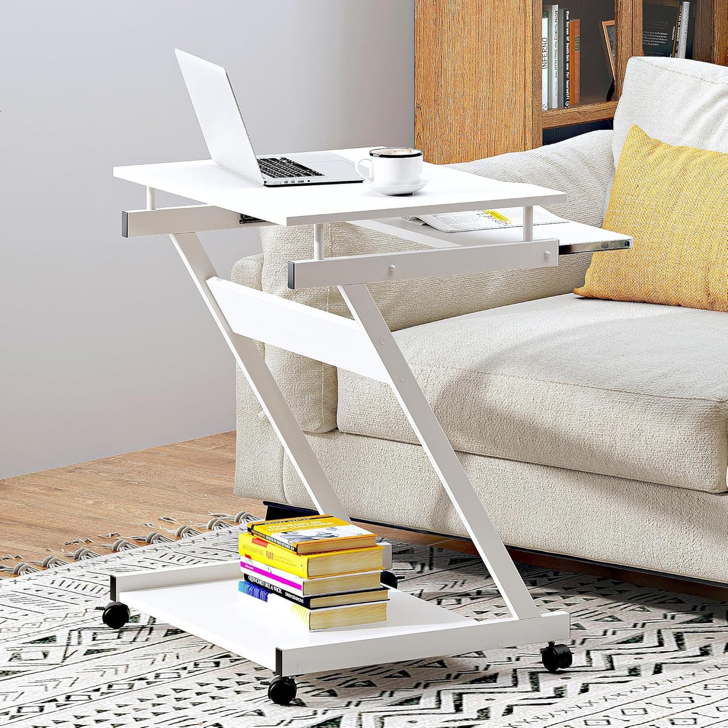 soges Small Rolling Computer Desk, Z Shape Laptop Desk Cart on Wheels, Mobile Computer Workstation for Home and Office with Keyboard Tray, White