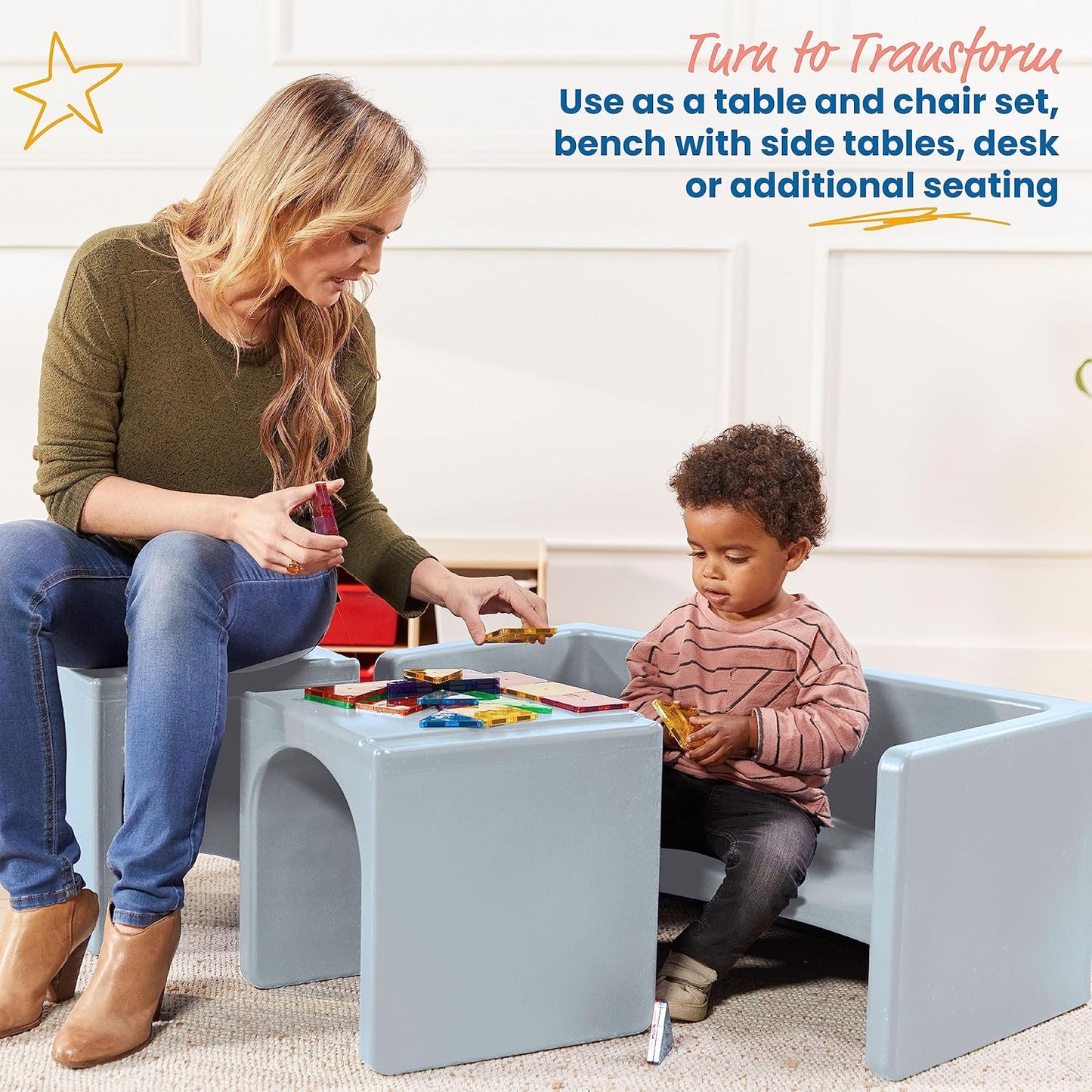 ECR4Kids Tri-Me Table and Cube Chair Set, Multipurpose Furniture, Light Grey, 3-Piece