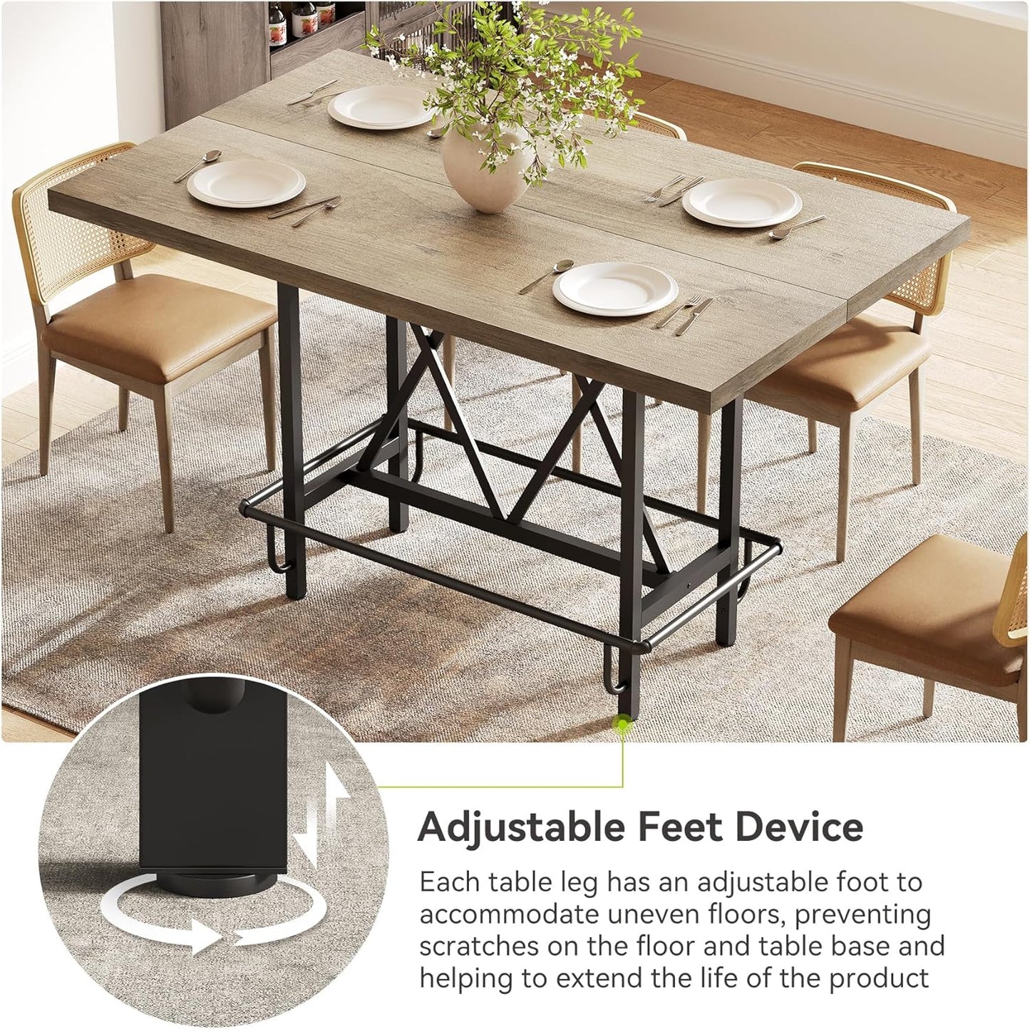 LITTLE TREE 63-Inch Industrial Bar Table with Metal Footrest, Counter Height Pub Table for Kitchen, Home Bar & Entertaining (Rustic Gray)