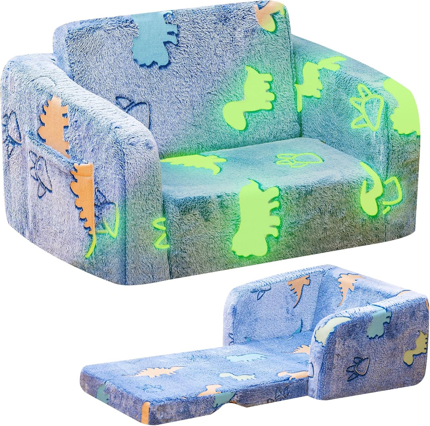 Lamerge 2-in-1 Soft Toddler Couch Fold Out,Foldable Toddler Chair, Glow in The Dark Kids Sofa for playroom,Convertible Foam and Floor Cushion for Boys and Girls (Blue and Dinosaur)