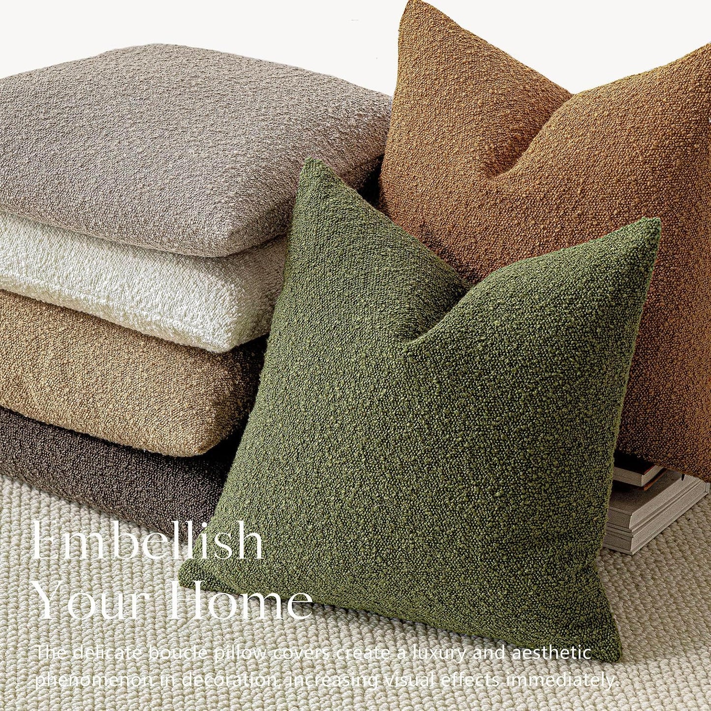 Foindtower Set of 2, Decorative Textured Boucle Throw Pillow Covers Accent Solid Pillow Cases Neutral Soft Cozy Couch Cushion Case for Chair Sofa Bedroom Living Room Home Decor 26 x 26 Inch Green