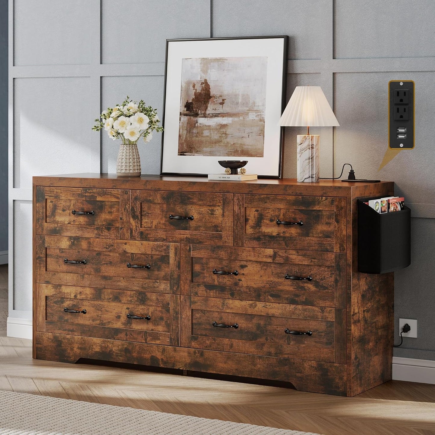YITAHOME Rustic Brown Drawers TV Stand for 65 inches with Power Outlets -Chest of Drawers Dresser with Side Organizer Bag Entertainment Center TV Console