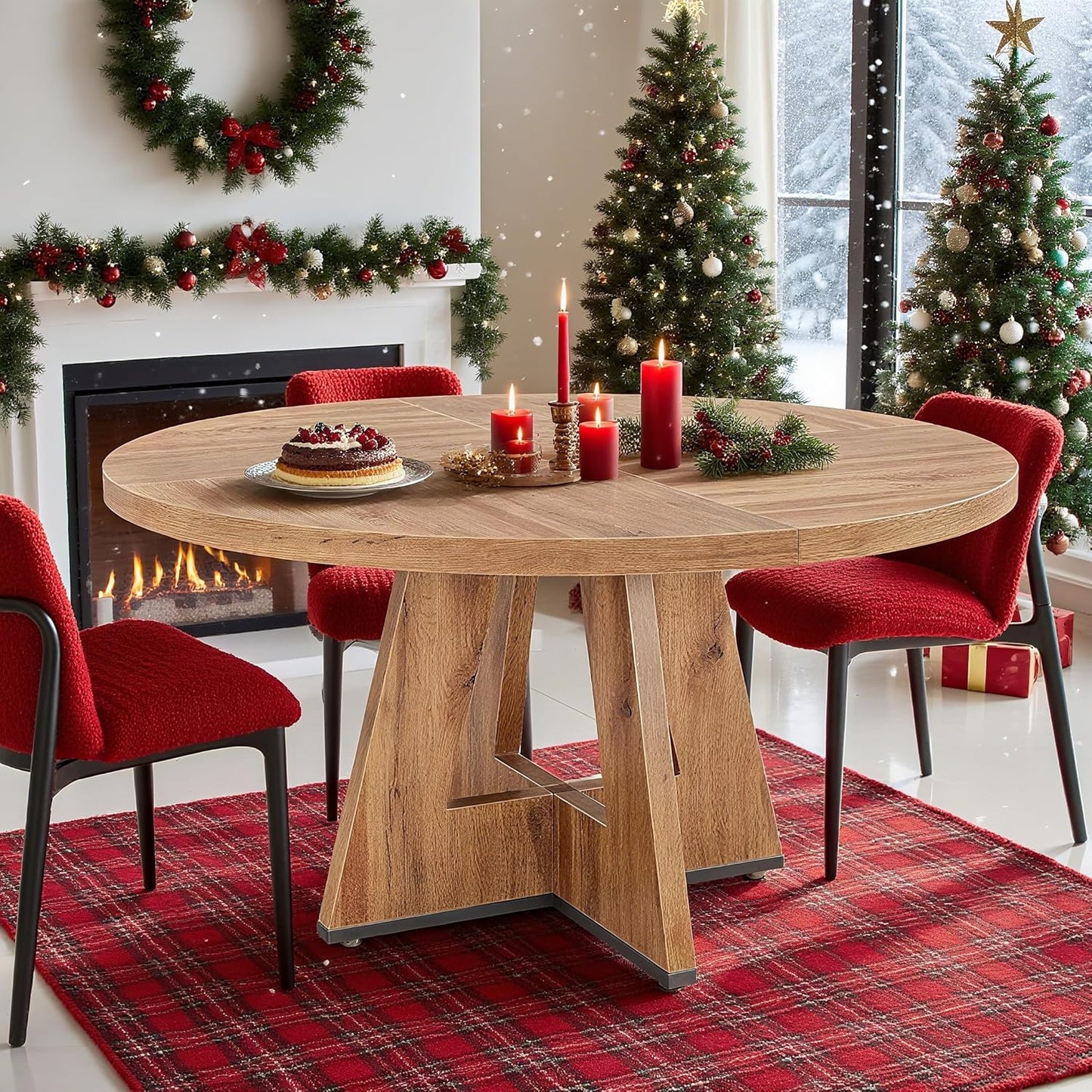 47" Round Dining Table for 4-6, Modern Dinner Table Farmhouse Round Small Kitchen Tables with Wooden Cross Base for Dining Room, Kitchen, Living Room, Retro Brown