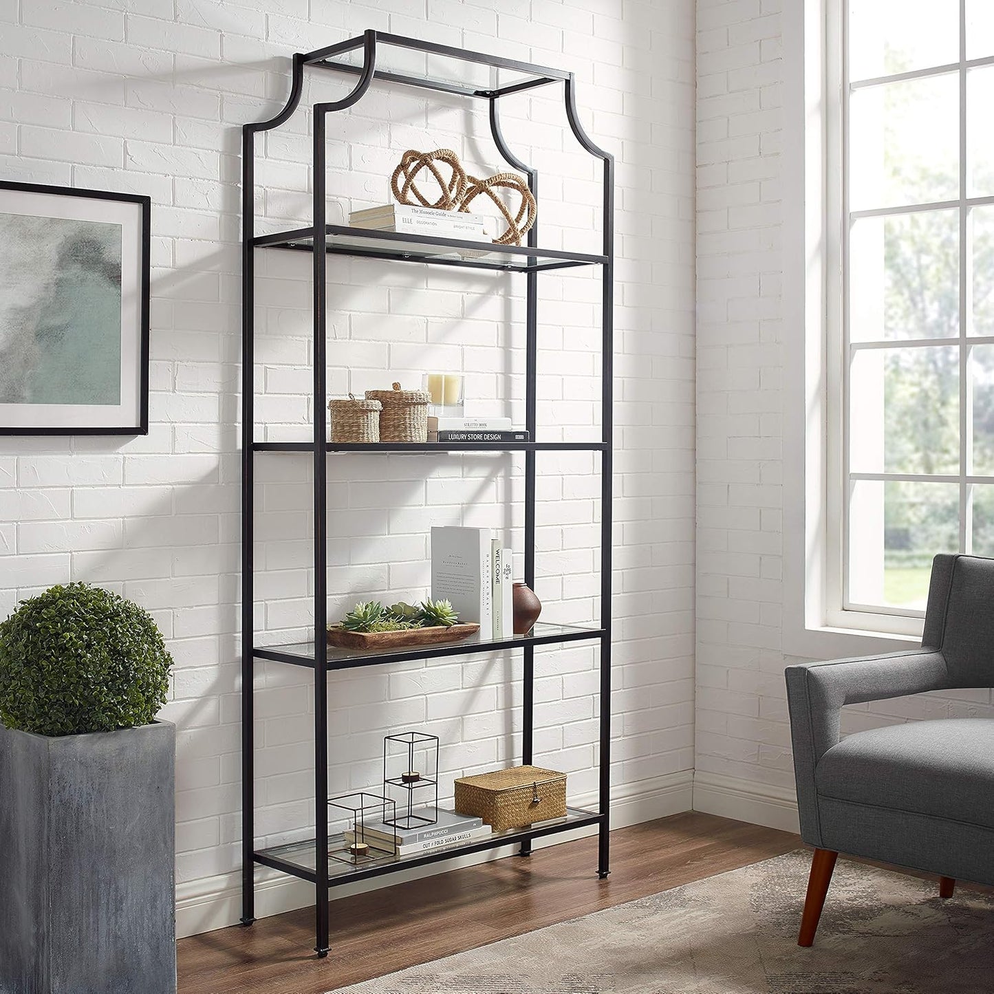 Crosley Furniture Aimee Bookshelf with Glass Shelves, Bookcase Storage, Oil-Rubbed Bronze