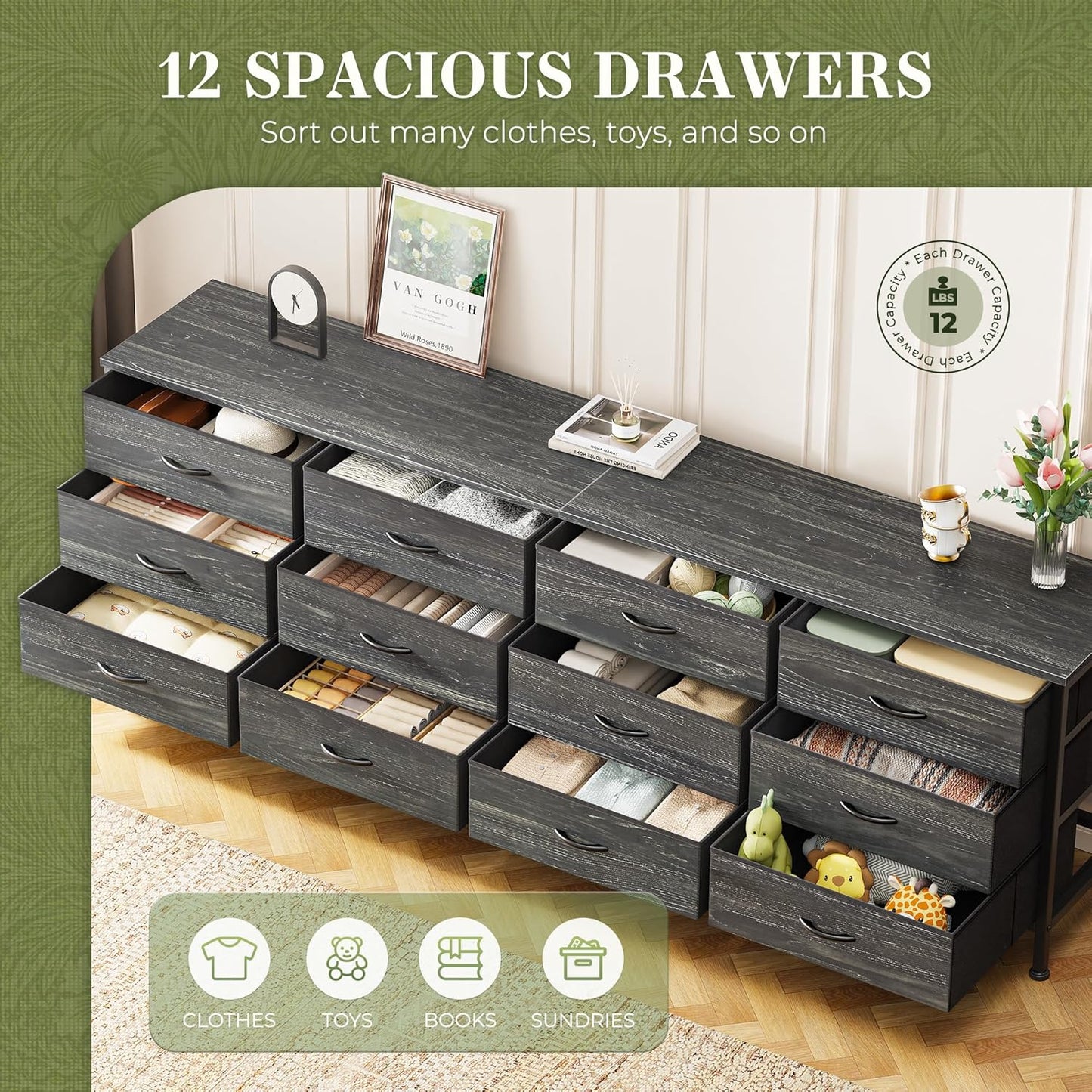 Huuger 70 Inch Dresser for Bedroom, TV Stand for 65, 75, 80 Inch TV,12 Fabric Drawer Long Dresser, Large Storage Organizer Unit, Chest of Drawer for Bedroom, Charcoal Black Wood Grain Print