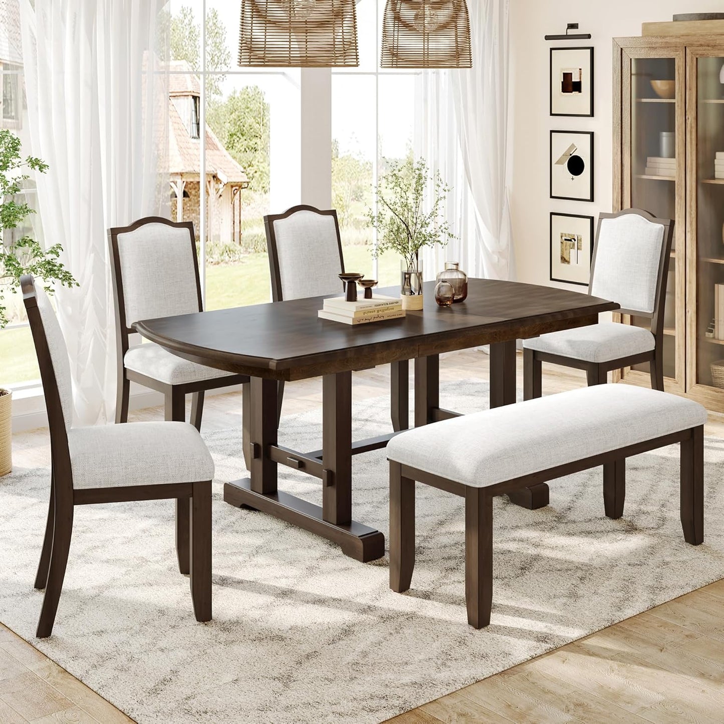 Ball & Cast Dining Table Set for 6,60" to 78" Extendable Wood Dining Table with Removable Leaf,6-Piece Kitchen Table Set W/ 4 Upholstered Chair and 1 Bench,for Dining Room,Kitchen,Restaurant,Brown