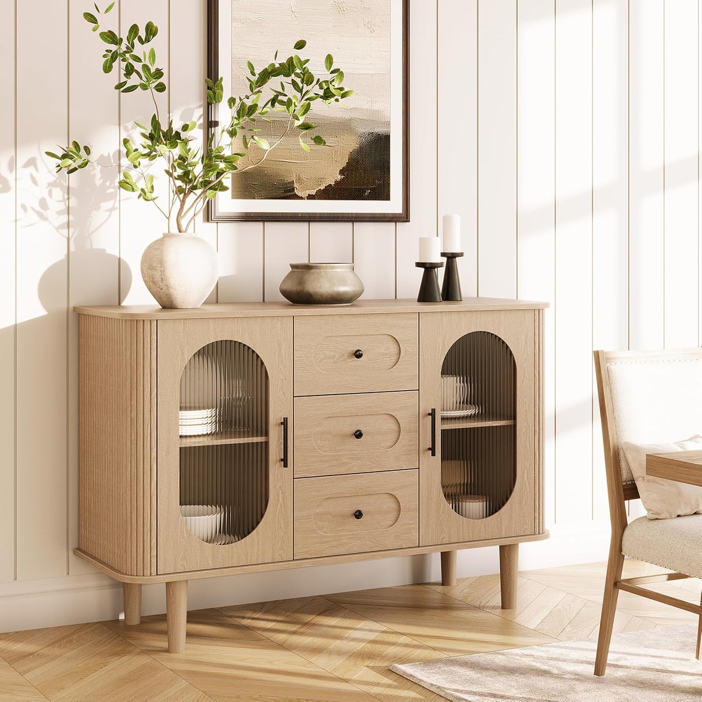 GarveeHome 47.2" Sideboard Buffet Cabinet with 2 Fluted Glass Doors & 3 Drawers, Modern Farmhouse Accent Coffee Bar with Adjustable Shelves for Kitchen, Living Room, Hallway, Natural