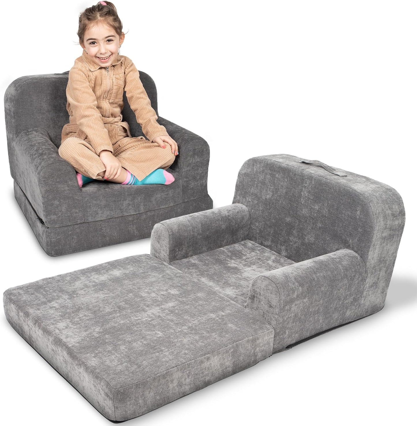 ParkaLounger Children's Sofa 2-in-1 Convertible Chair & Sleeper - Durable Foam Keeps Its Shape - Lightweight, Portable with Handle - Soft, Sturdy & Cozy Seat for Lounging & Play, Gray, Medium