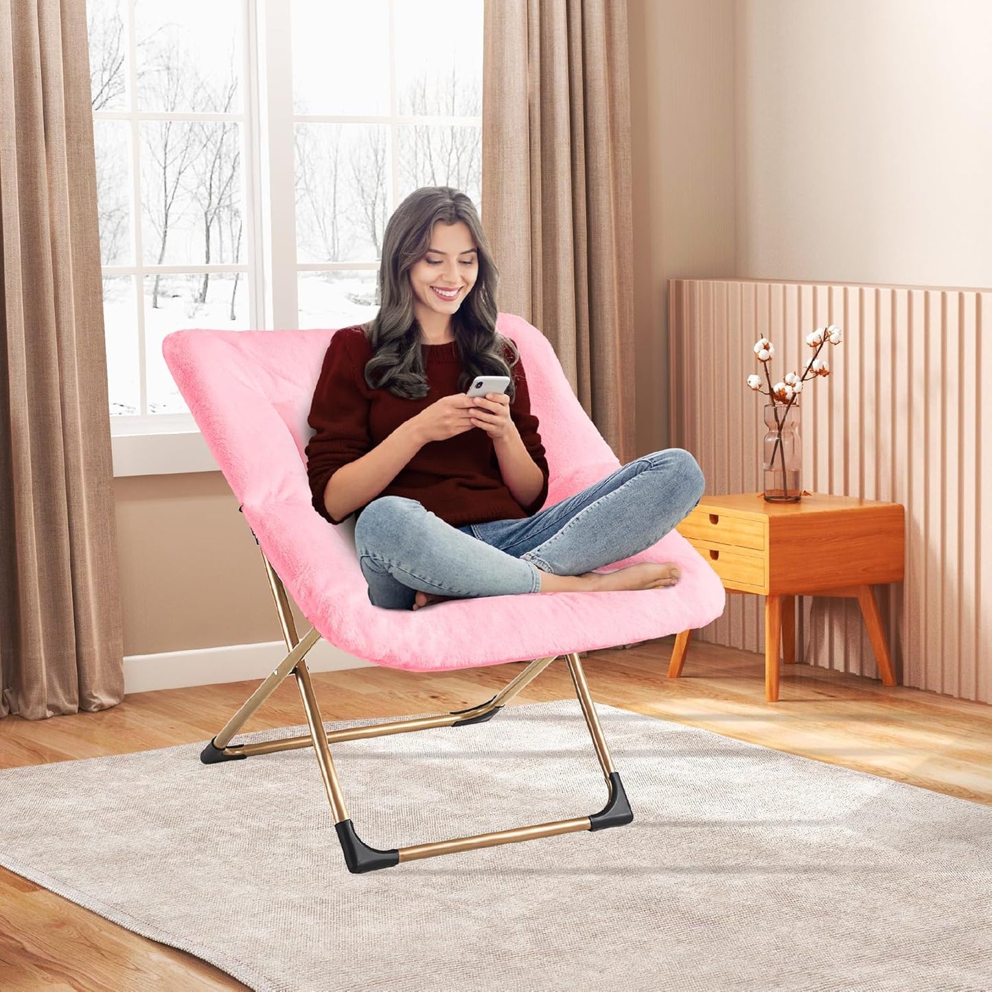 Comfy Oversized Saucer Chair, Soft Faux Fur Reading Lounge Chair for Adults, Stable X-Large Metal Frame and Non-Slip Pad, Foldable Cozy Chairs for Bedroom, Living Room, Dorm, Office, Pink
