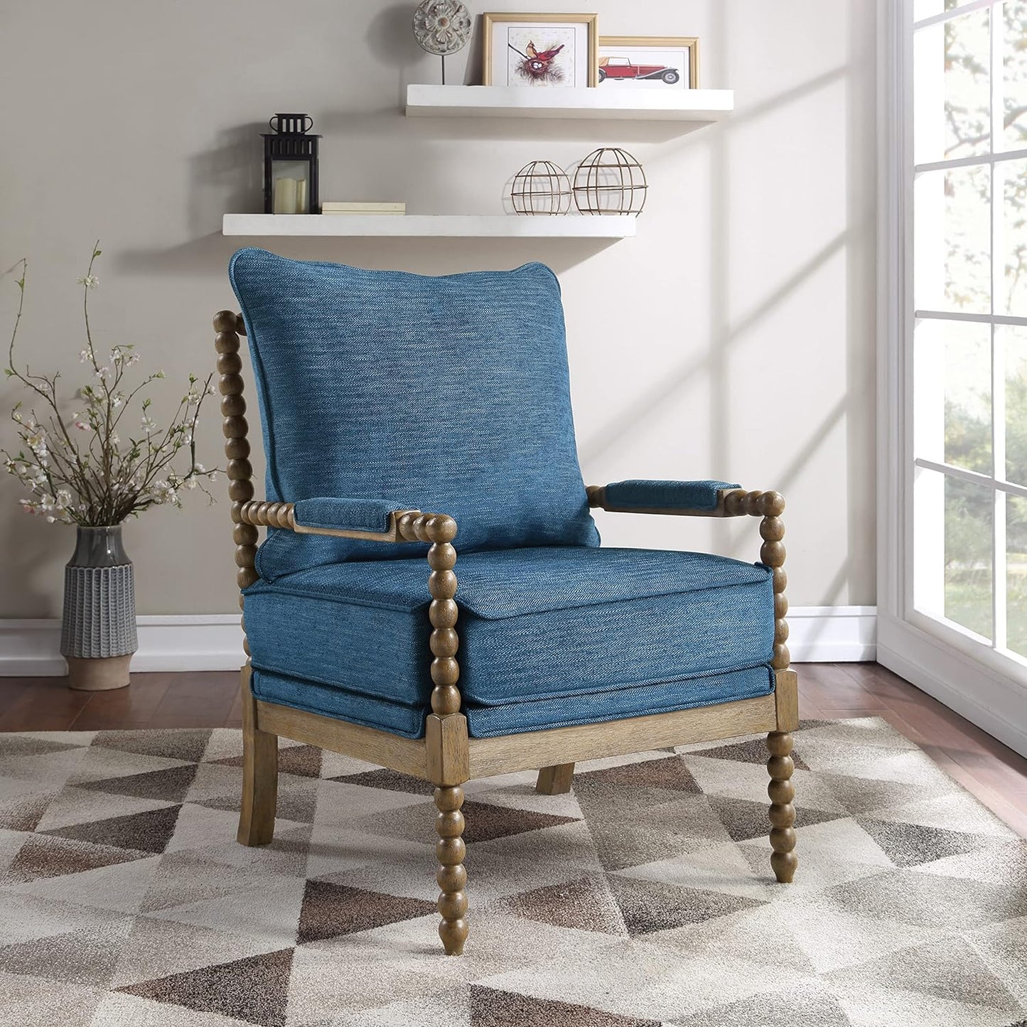 OSP Home Furnishings Fletcher Spindle Accent Chair with Rustic Brown Finish, Navy Blue Upholstery