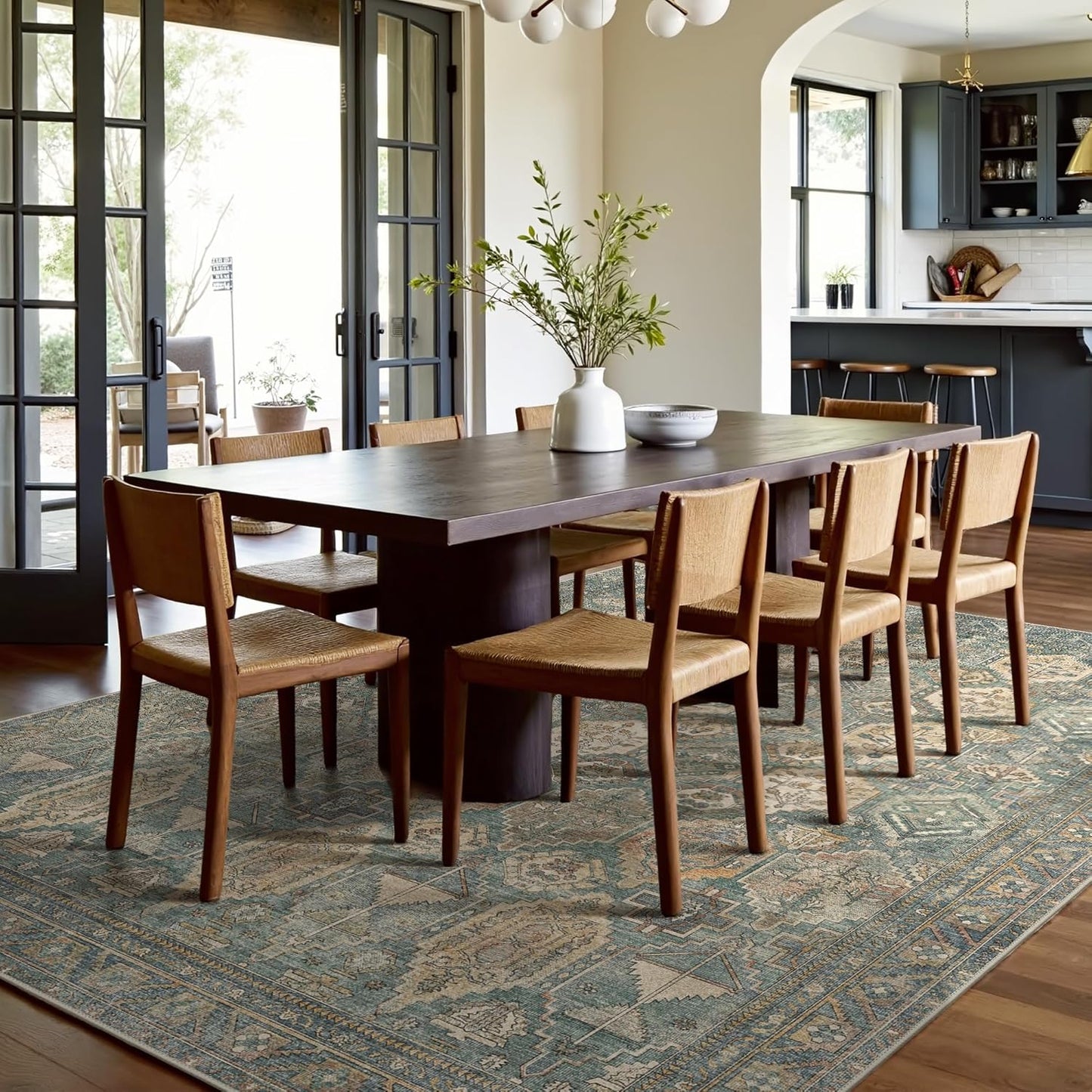 GENIMO 5x7 Area Rugs for Living Room, Machine Washable Non Slip Vintage Rugs, Low Pile Lightweight Chenille Print Rug for Bedroom, Dining Room, Home Office, Sage Teal