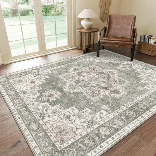 GENIMO 9x12 Area Rugs for Living Room, Non Slip Machine Washable Vintage Rugs, Low Pile Lightweight Chenille Print Large Rug for Bedroom, Dining Room, Home Office, Moonlight