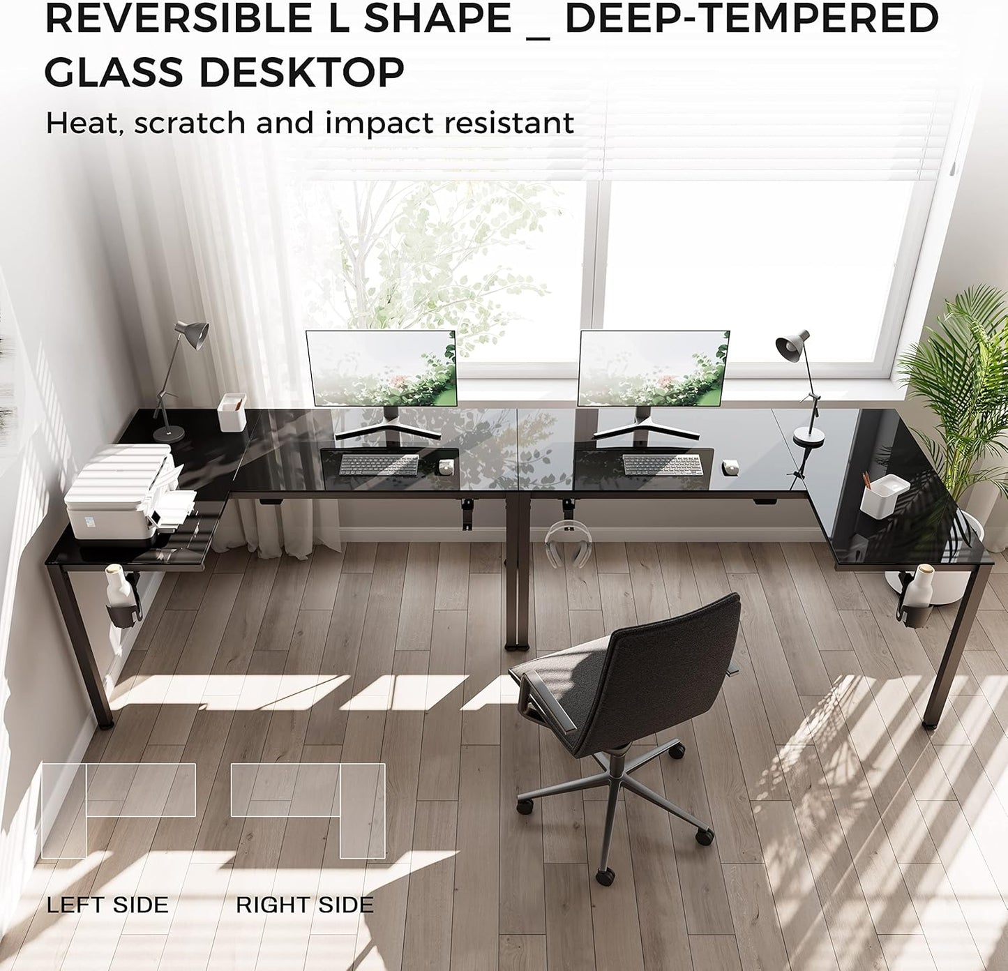 EUREKA ERGONOMIC RGB LED Lights 60 Inch L Shaped Reversible Black Glass Gaming Desk Home Office Computer Table GTG L60