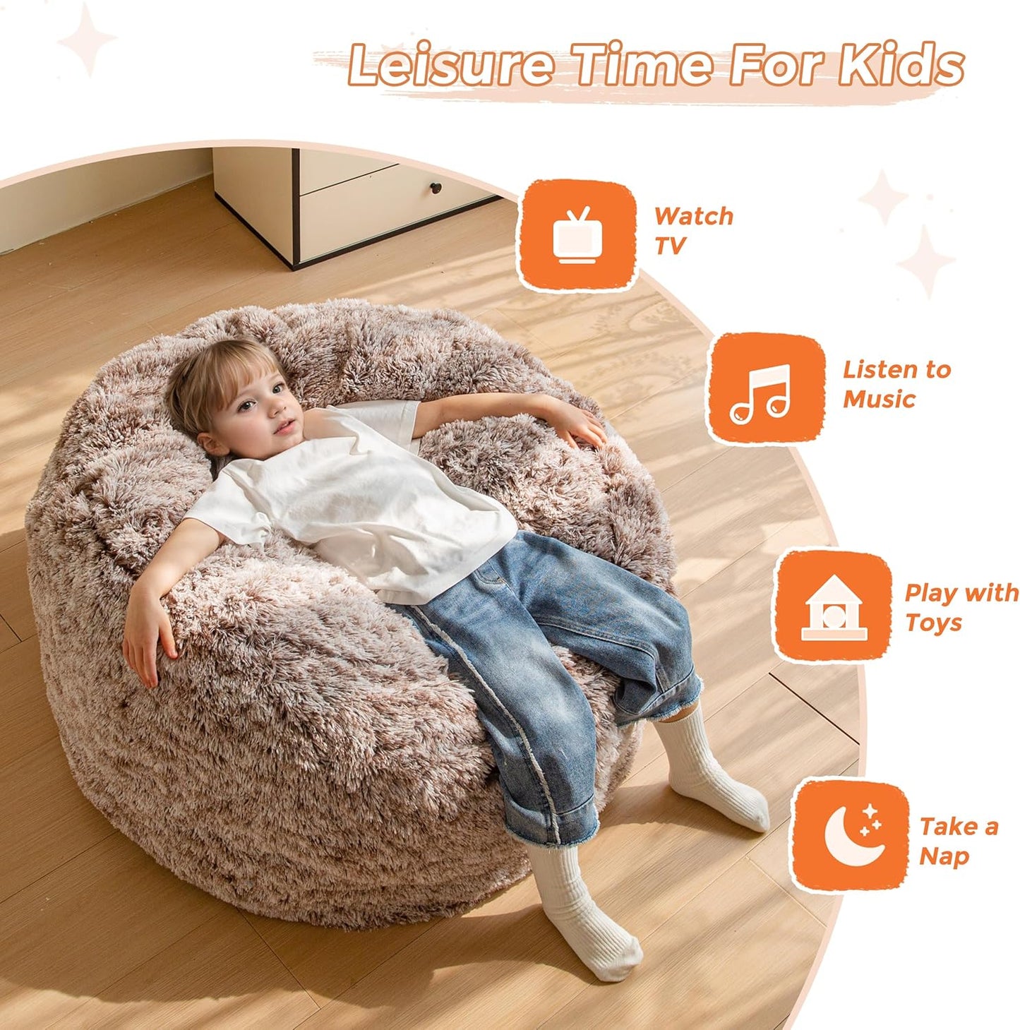 MAXYOYO Kids Bean Bag Chair, Stuffed Faux Fur Bean Bag for Toddler, Ultra Soft Floor Sofa with High-Density Foam Filling, Lazy Chair for Living Room, Playroom, Nursery Room