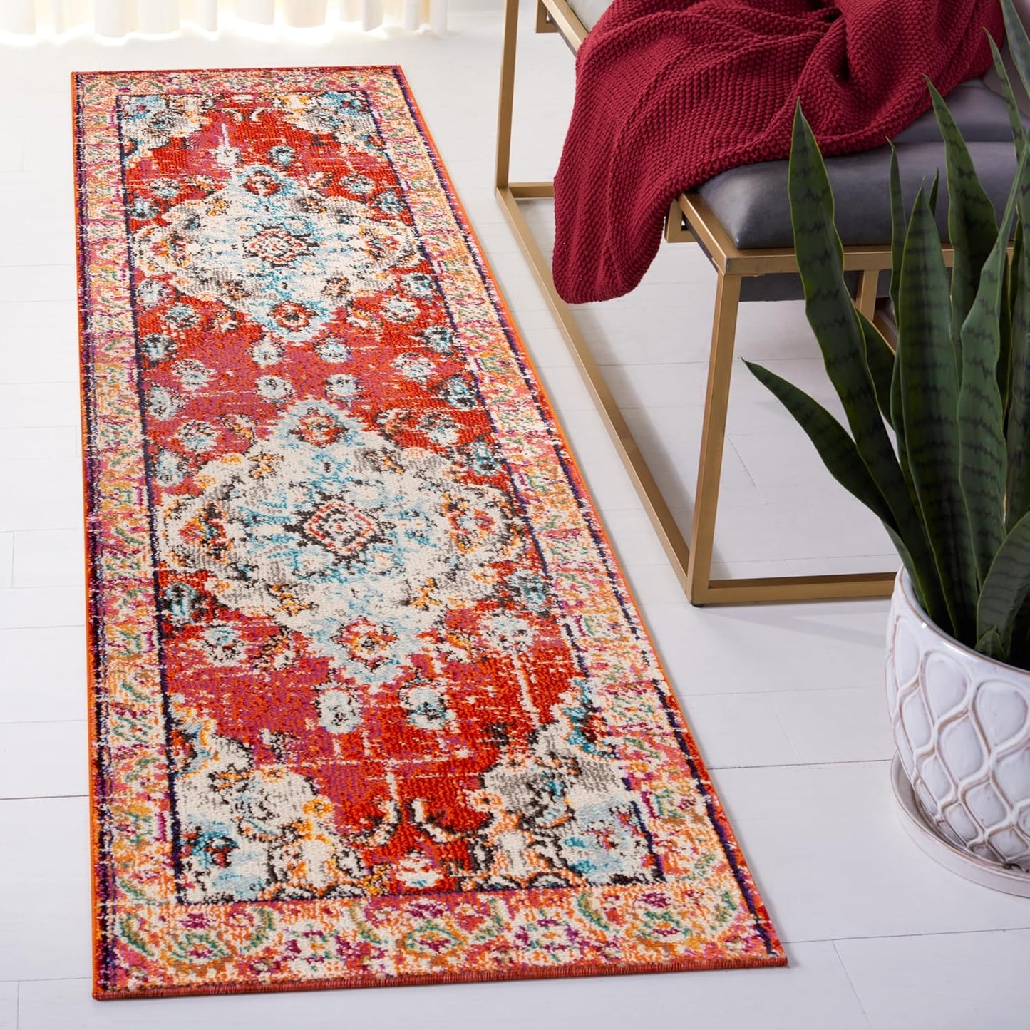 SAFAVIEH Monaco Collection Runner Rug - 2'2" x 10', Orange & Light Blue, Boho Chic Medallion Distressed Design, Non-Shedding & Easy Care, Ideal for High Traffic Areas in Living Room, Bedroom (MNC243H)