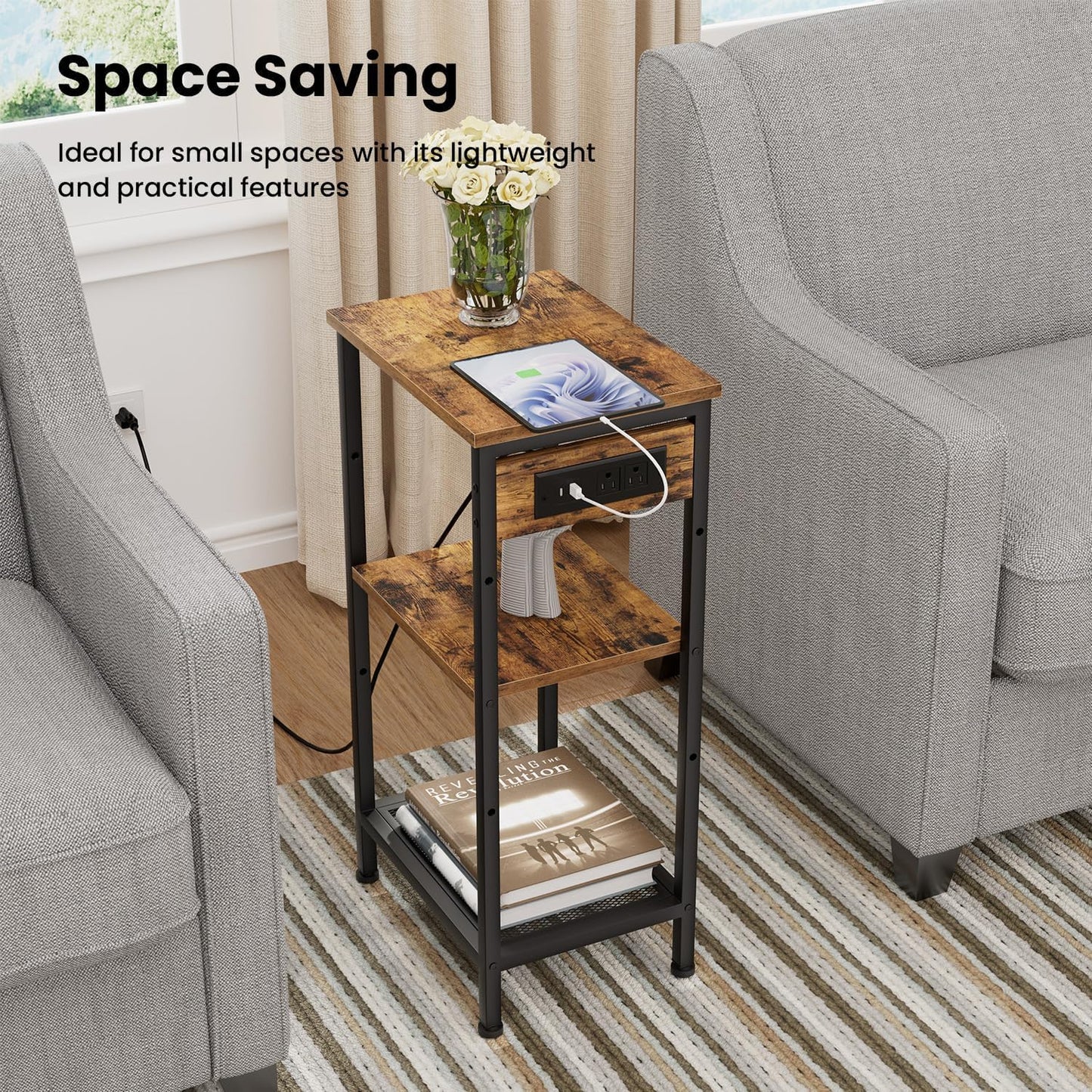 Tall End Table with Fast Charging Station, 3 Tier Narrow Side Table with Outlets and USB Ports & Type-C, Nightstand with Storage, Bedside Table Stand for Bedroom, Living Room, Rustic Brown