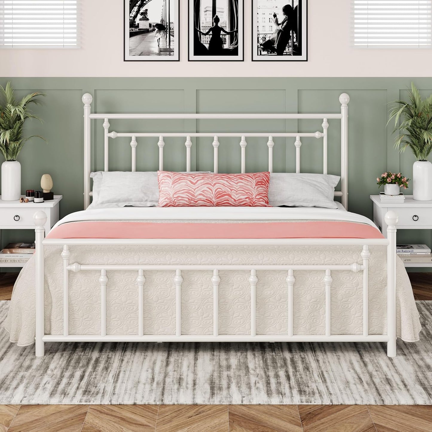 Allewie 14 Inch King Size Metal Platform Bed Frame with Victorian Vintage Headboard and Footboard/Mattress Foundation/Under Bed Storage/No Box Spring Needed/Easy Assembly/Noise Free/White