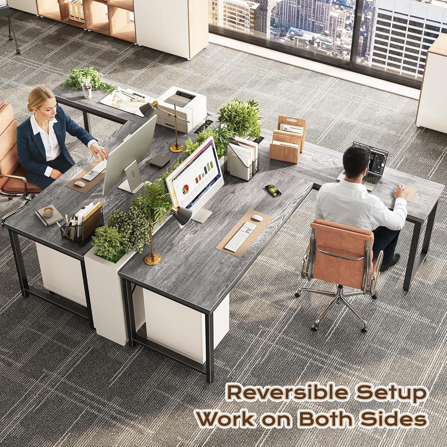 Huuger 63 Inch L Shaped Desk with Power Outlets and USB-C Port, Reversible Computer Desk, Larger Office Corner Gaming Desk, 0.95 Inch Thicker Desktop, Metal Frame, for Home Office, Study, Grey