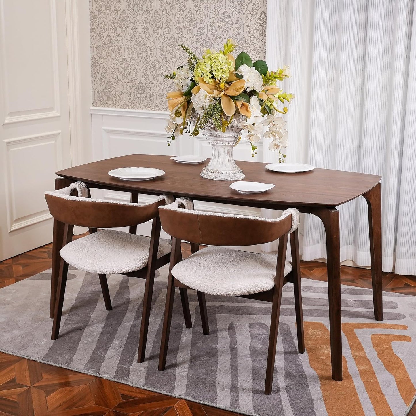 CONSDAN Dining Table Set for 4-6, Includes 1 Table & 4 Chairs, Walnut Veneer Top, Solid Wood Frame, Natural Wood Grain, Easy Assembly, Modern Design