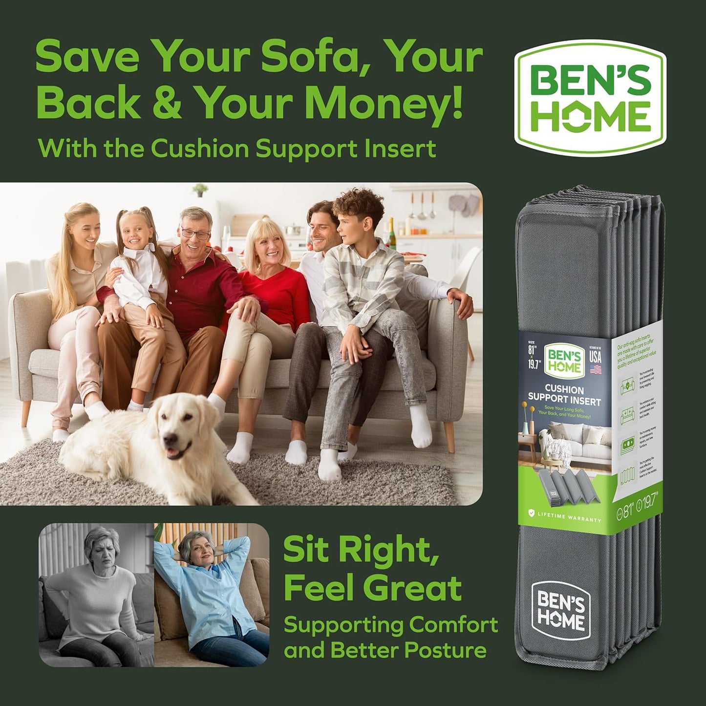 BEN'SHOME® Large Couch Cushion Support for fix Sagging Seats - Heavy Duty Solid Wood Sofa Support Board | Adjustable 68"-81" x 19.7" Under Cushion Insert | Non-Slip Furniture Saver | 400 LB Capacity