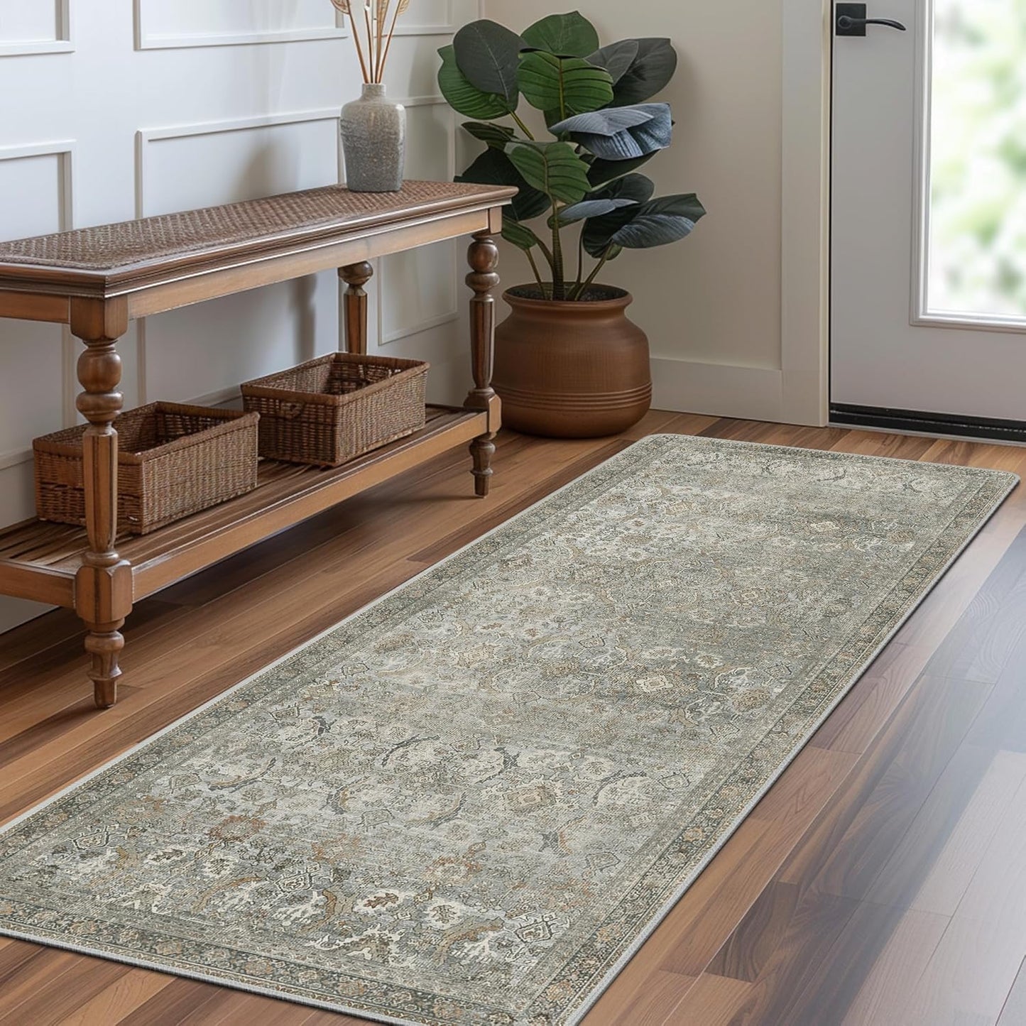 2X5 Area Rugs Machine Washable Rugs for Living Room, Vintage Boho Large Rugs for Bedroom Dining Room, Non Slip Indoor Soft Distressed Lightweight Thin Low Pile Carpet, Taupe