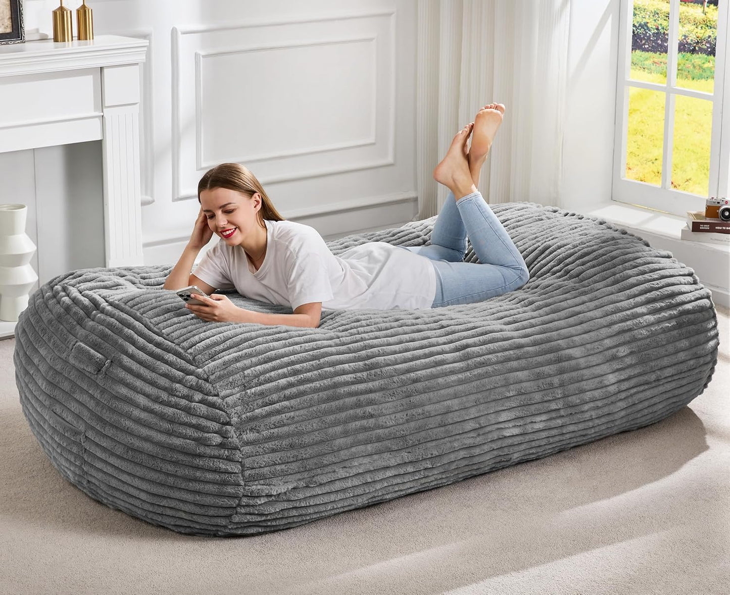 Hobestluk 6FT Bean Bag Chairs Adult Bean Bag with Portable Handle Comfy Large Bean Bag Lounge Chair with Removable Cover for Living Room Bedroom (Stripe Grey, 6FT)