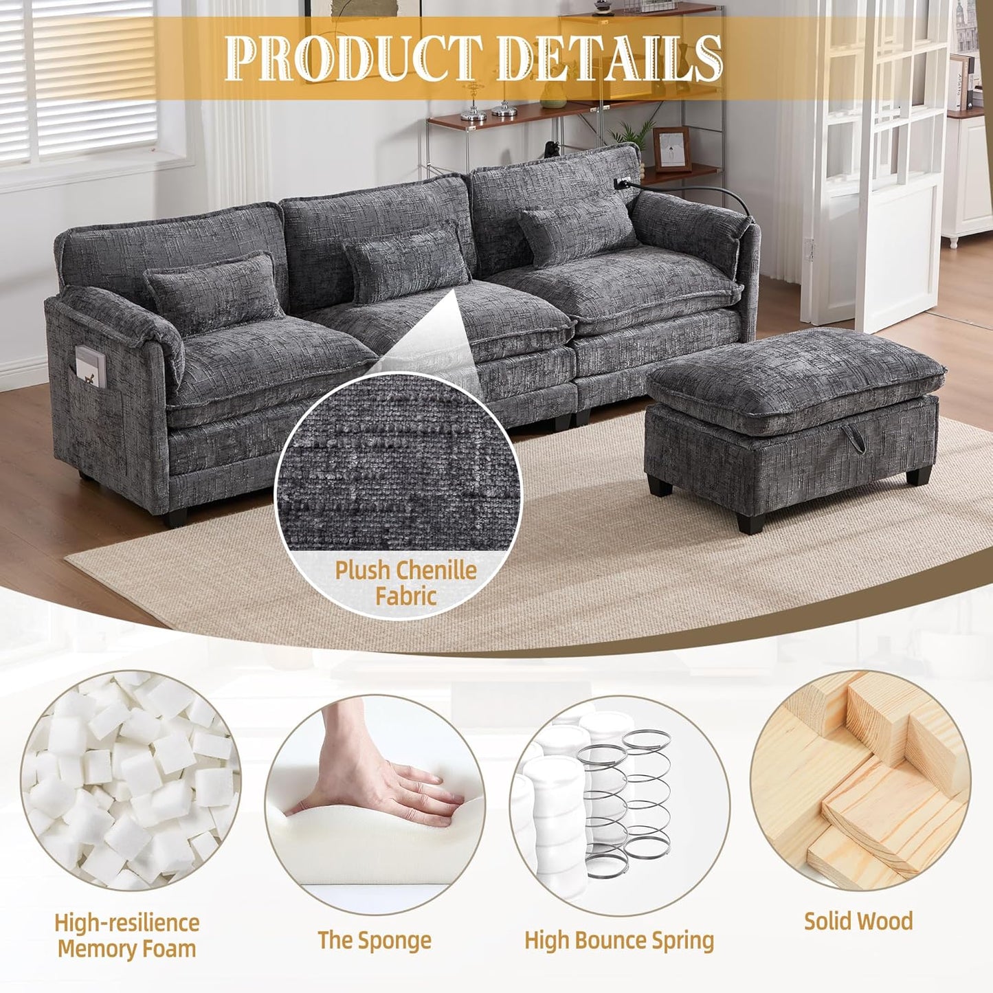 Ball & Cast 109" Oversized Sectional Sofa,Comfy Cloud Couch W/Movable Storage Ottoman,L Shaped Sectional Sofa W/USB Charging Port,Phone Holder&Side Pocke,Chenille Fabric,for Living Room,Gray