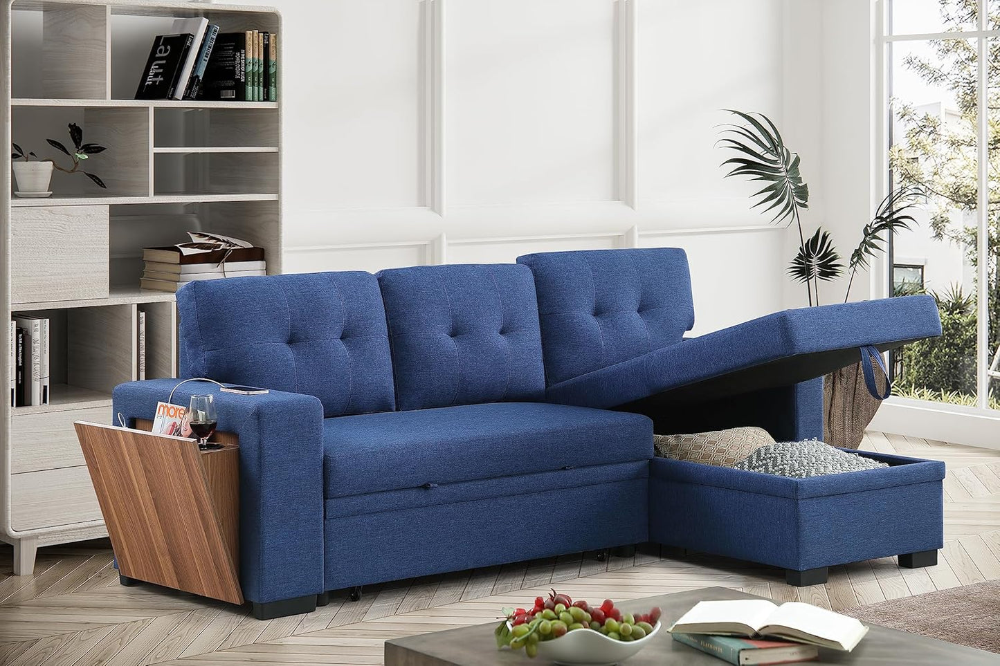 Devion Furniture Garisa 4-in-1 Convertible L Shaped Couch with Pull Out Bed and Storage, Sectional Sleeper Sofa with Reversible Chaise for Living Room, Apartment, Bedroom, Office