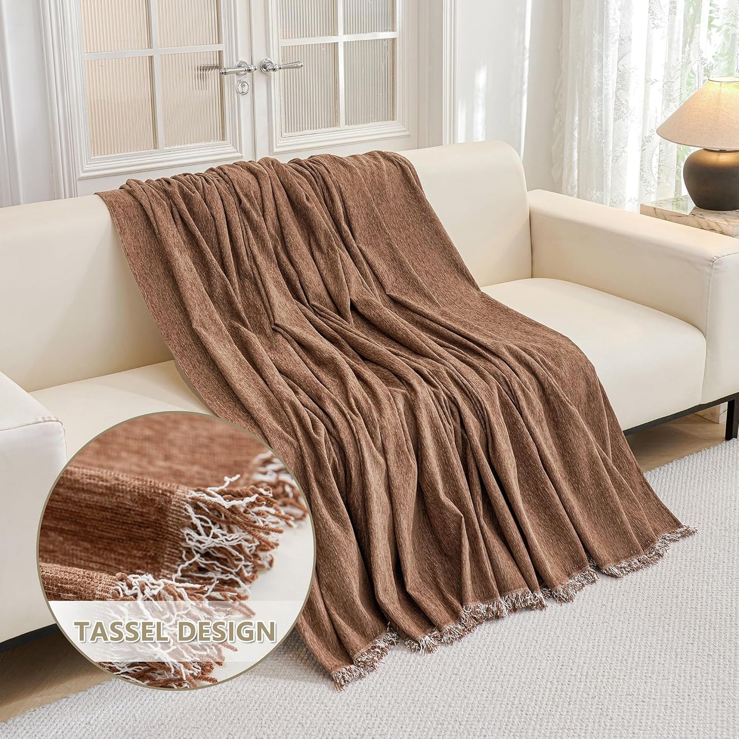 MYSKY HOME Loveseat Cover Camel Couch Cover Sectional Couch Covers for 2 Cushion Couch Sofa Thick Universal Chenille Sofa Cover with Tassel Durable Furniture Protector for Dogs 91" x 118"