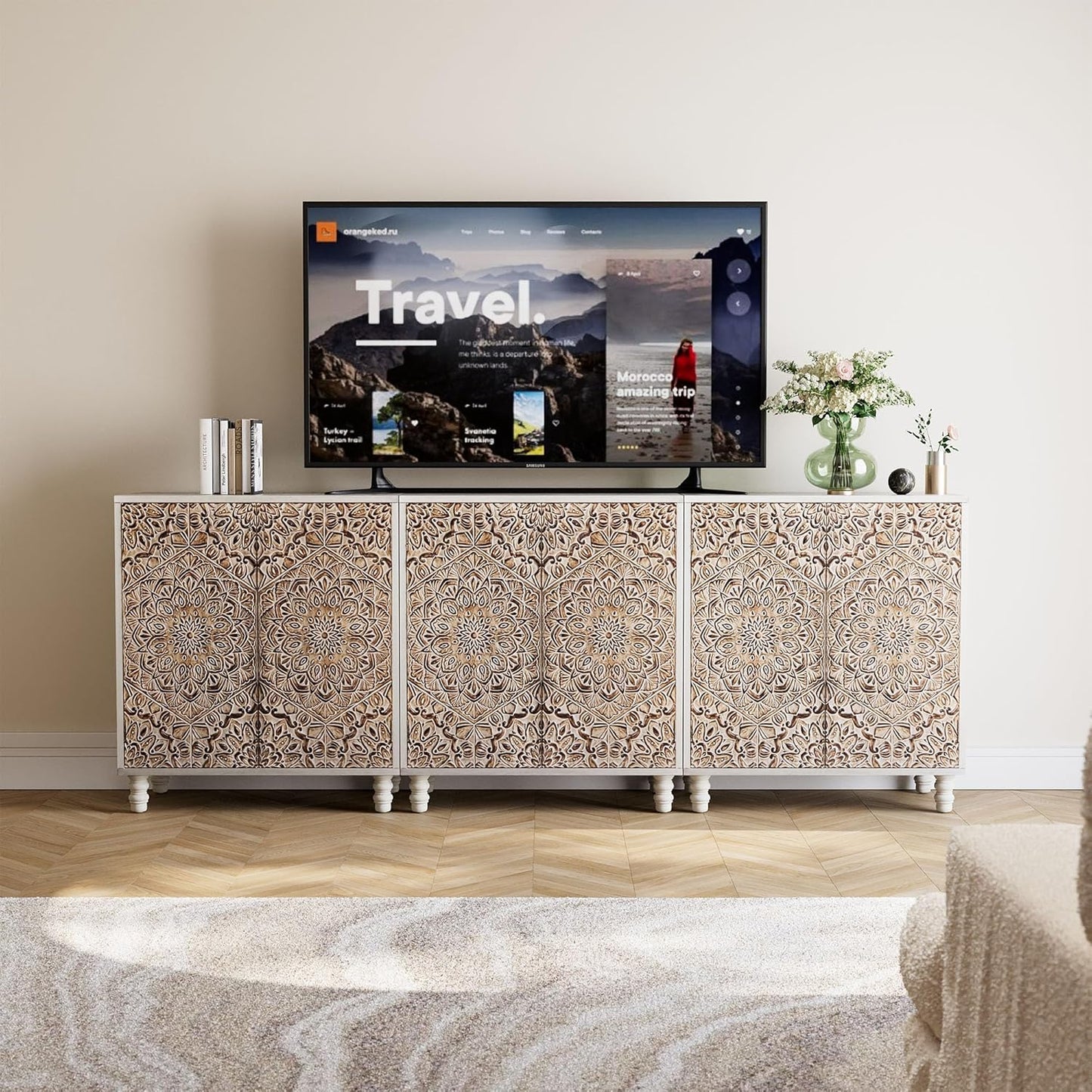 COSIEST Set of 3 32" Buffet Sideboard Cabinets with Vintage Firework Carved Pinewood Doors, Push-to-Open Storage Accent Cabinets, Gray