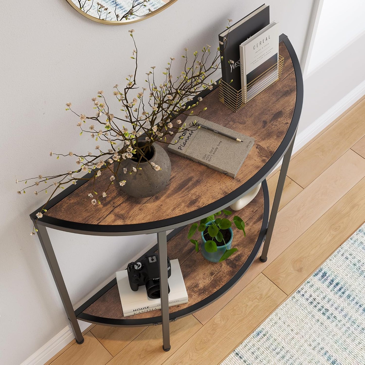 Entryway Table with Storage,Narrow Console Table for Living Room Coffee Table 2-Tier Half Moon Sofa Table,Small Entry Table,Hallway Side Table with Metal Frame,Rustic Brown and Black