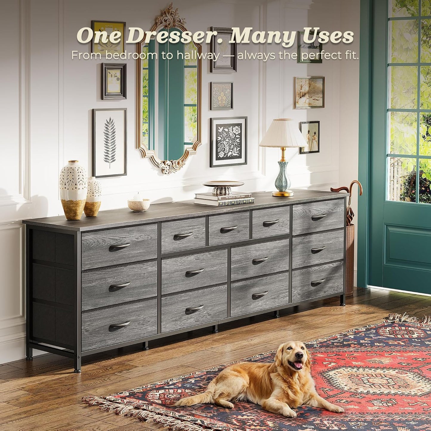 Huuger 70 Inch Dresser for Bedroom, TV Stand for 65, 75, 80 Inch TV, 13 Fabric Drawer Long Dresser, Large Entertainment Center for Bedroom, Wide Chest of Drawer with Storage, Grey