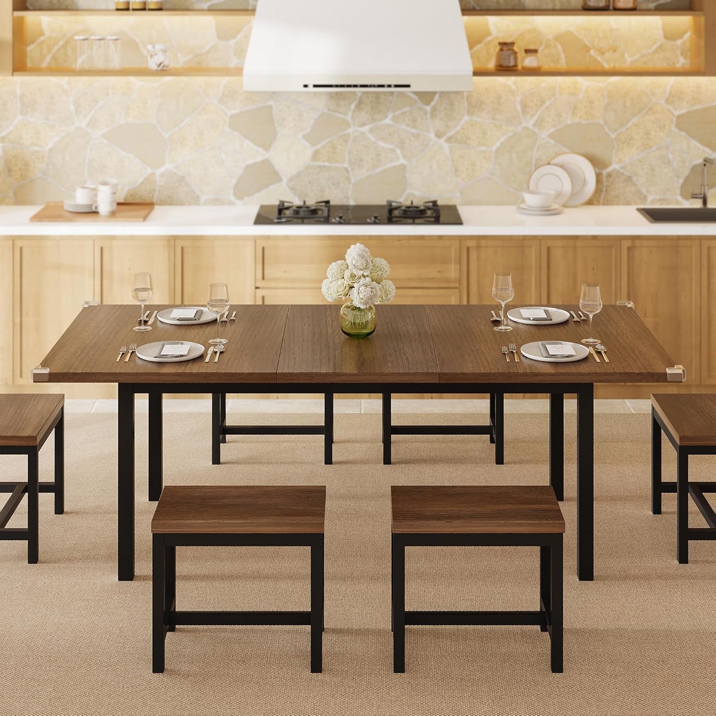 7-Piece Dining Table Set, 63" Extendable Kitchen Room Table with 6 Stools, Mid Century Modern Dinner Table with Metal Frame & MDF Board, Space-Saving, Easy Assembly, Walnut