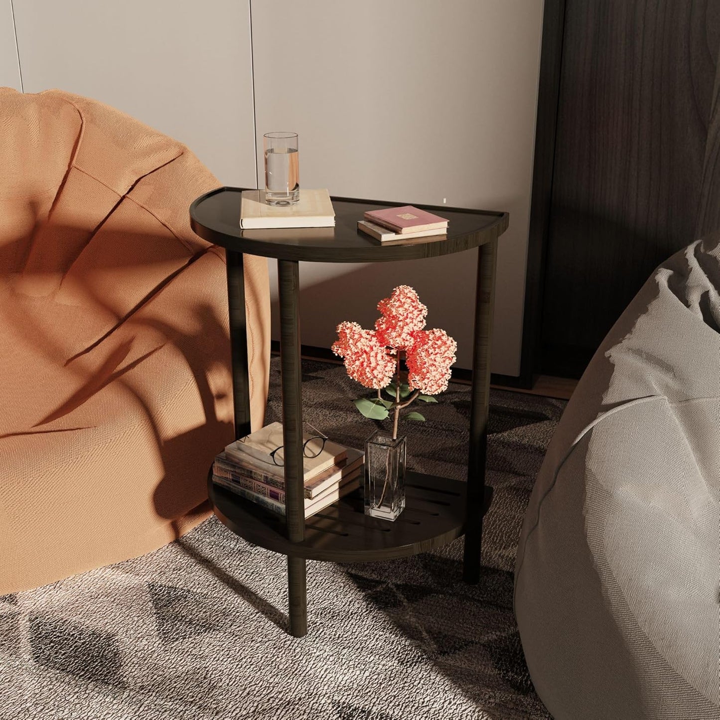 End Table, Half Moon Side Tables, Living Room Half Round 2 Tier Table for Small Space, Living Room Bedroom Couch Tables with Storage Shelf (Black)
