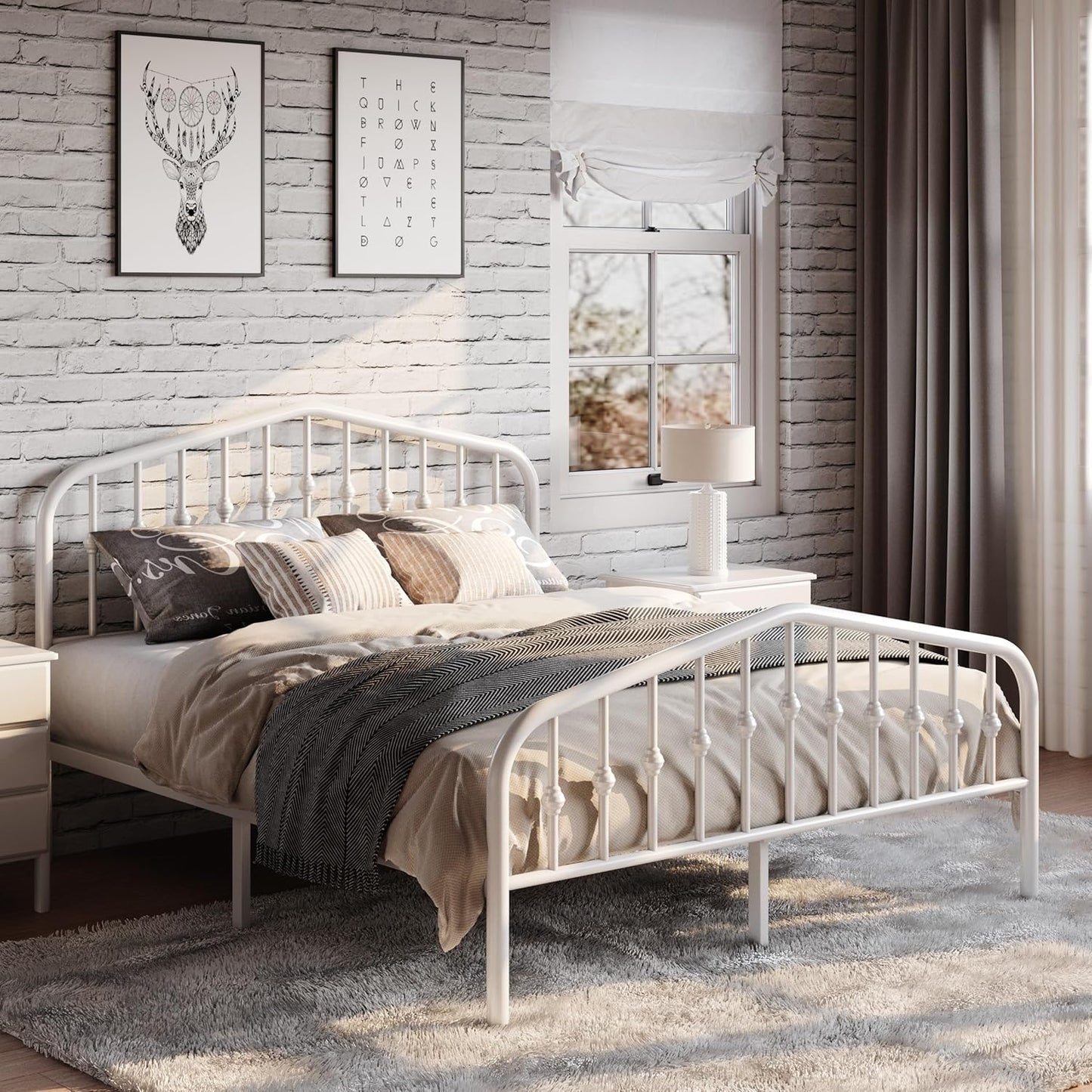 SHA CERLIN Full Size Metal Platform Bed Frame with Victorian Style Wrought Iron-Art Headboard/Footboard, No Box Spring Required, White