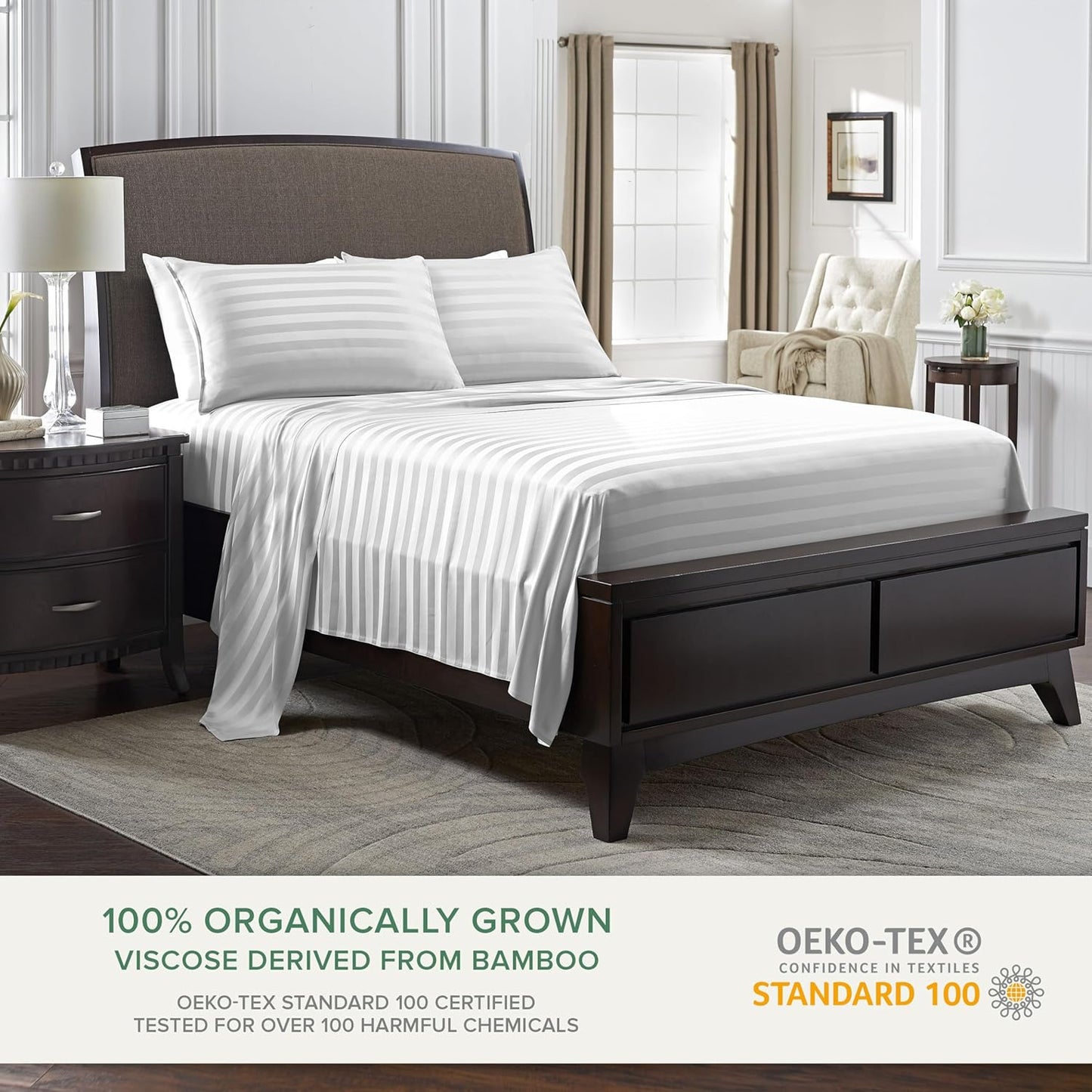 Twin Sheets by Pure Bamboo, Genuine 100% Organic Viscose Derived from Bamboo Bed Sheet Set, Luxuriously Soft & Cooling, Double Stitching, Lifetime Quality Promise (Twin, Jacquard White)