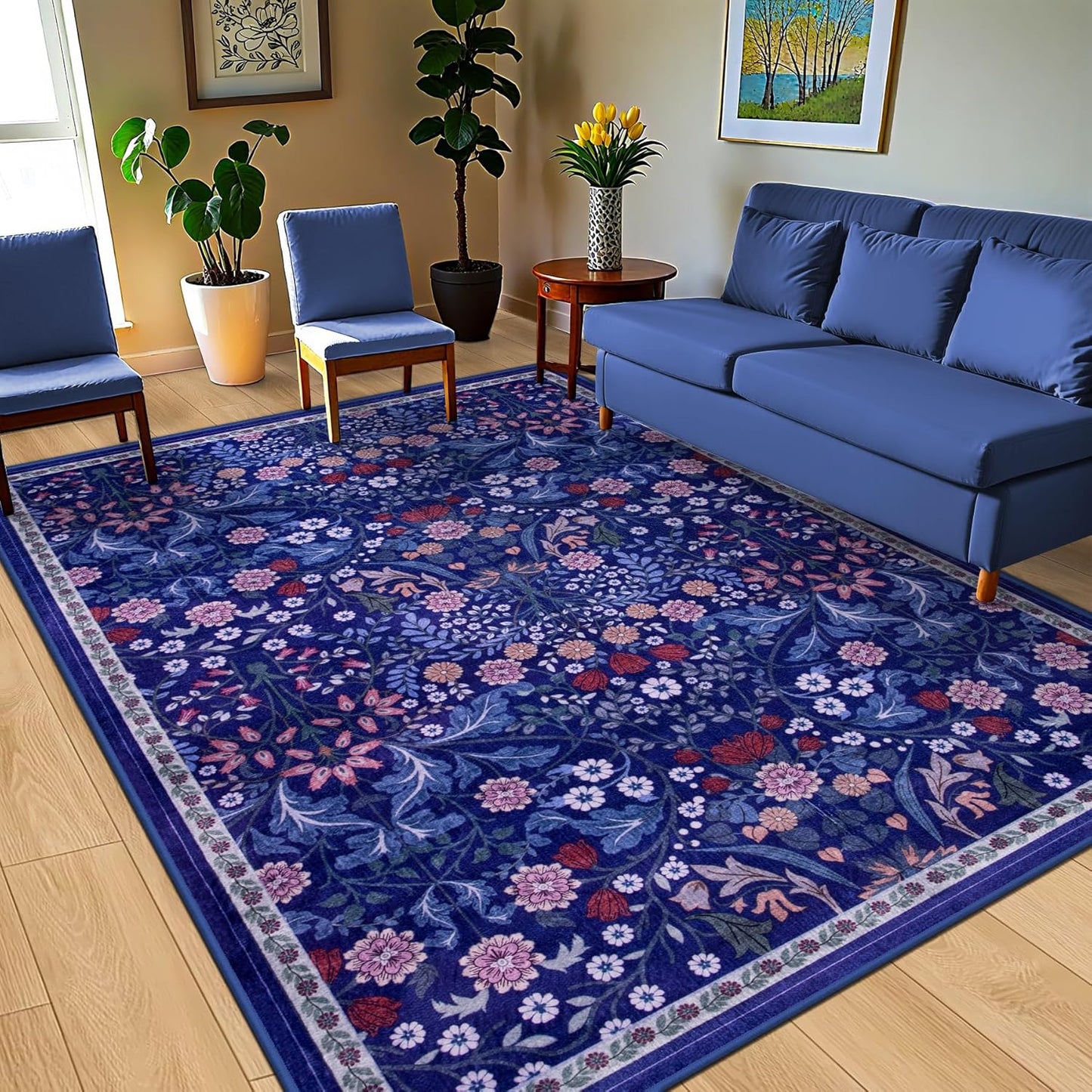 8x10 Area Rugs for Living Room: Floral Washable Rug Vintage Large Soft Boho Non-Slip Carpet Indoor Floor Stain Resistant Carpets for Bedroom Dining Room Farmhouse Nursery Home Office Blue