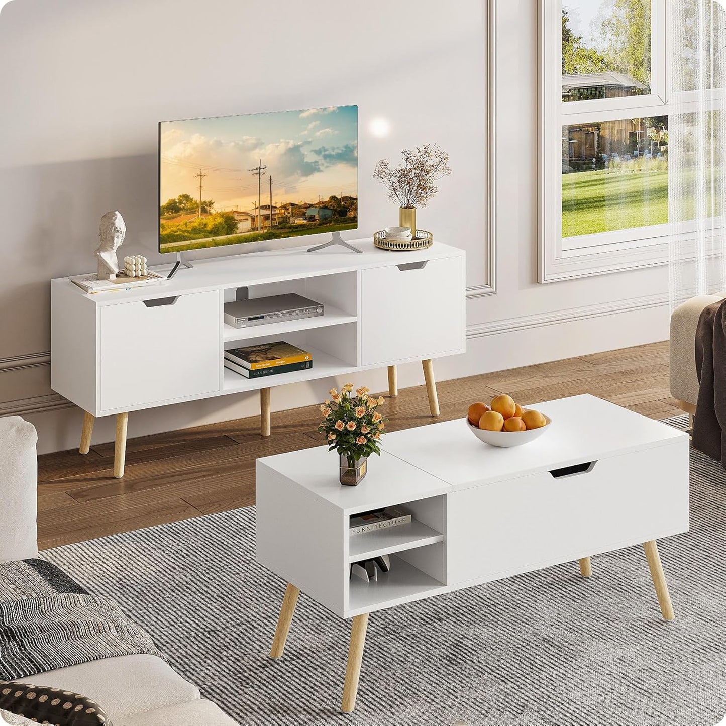 ALINE FURNITURE White TV Stand with Storage - Media Console Cabinet for 50 55 60 Inch TVs - Entertainment Center - Wood TV Stands for Living Room