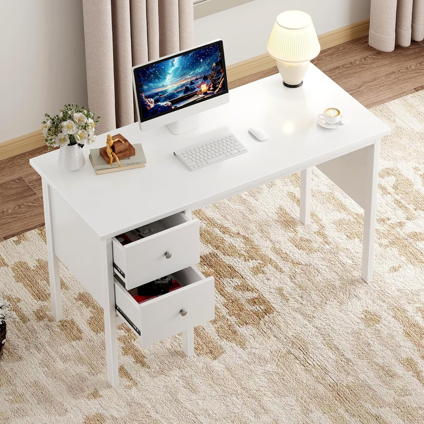 BHG Computer Desk with Drawers,Modern White Home Office Desk with Storage Filing Cabinet, Vanity Desk Makeup Dressing Table for Bedroom,Small Writing Table PC Desks for Study(White, 43.3")
