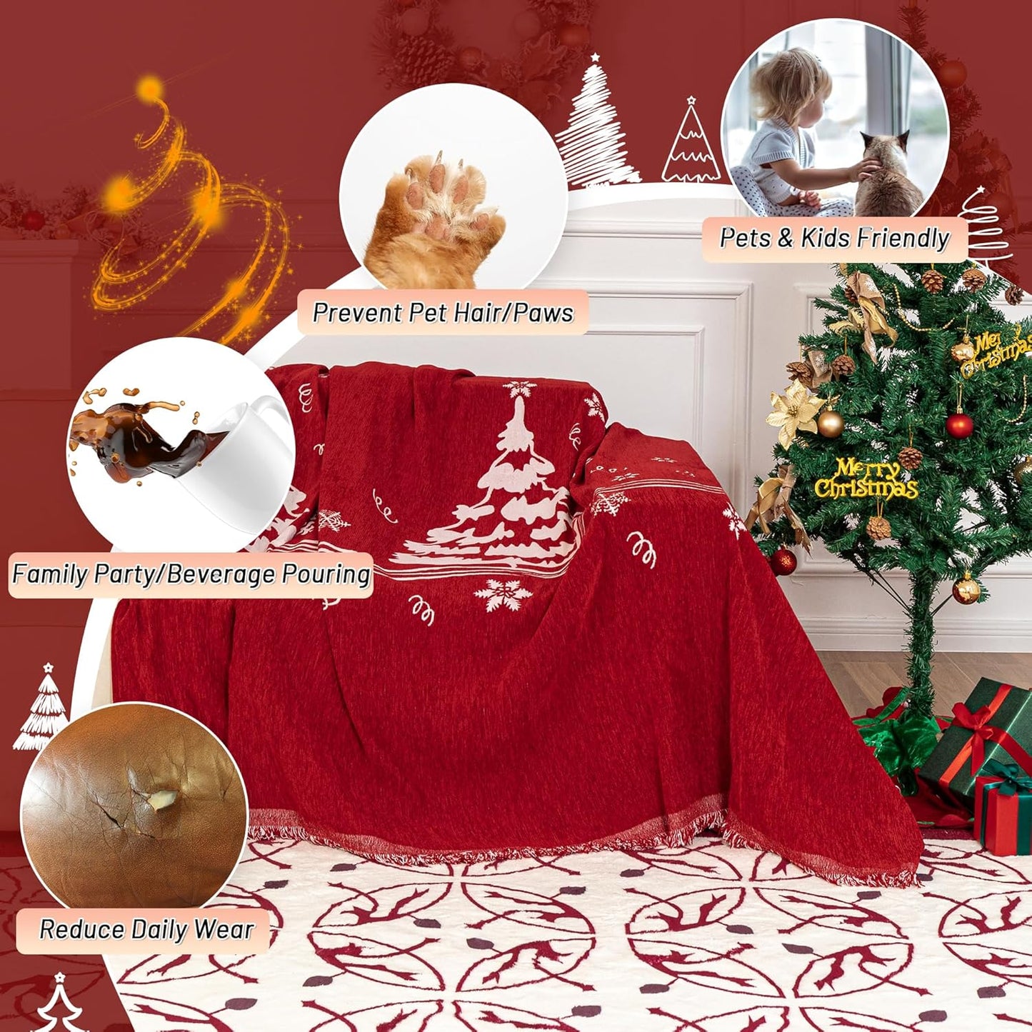 MYSKY HOME Couch Covers for Pets Thick Chenille Christmas Red Sofa Slipcover Non Slip Soft Couch Sofa Cover, Washable Furniture Protector Sofa Slipcover with Tassel for Kids, Dogs, 71"x118"