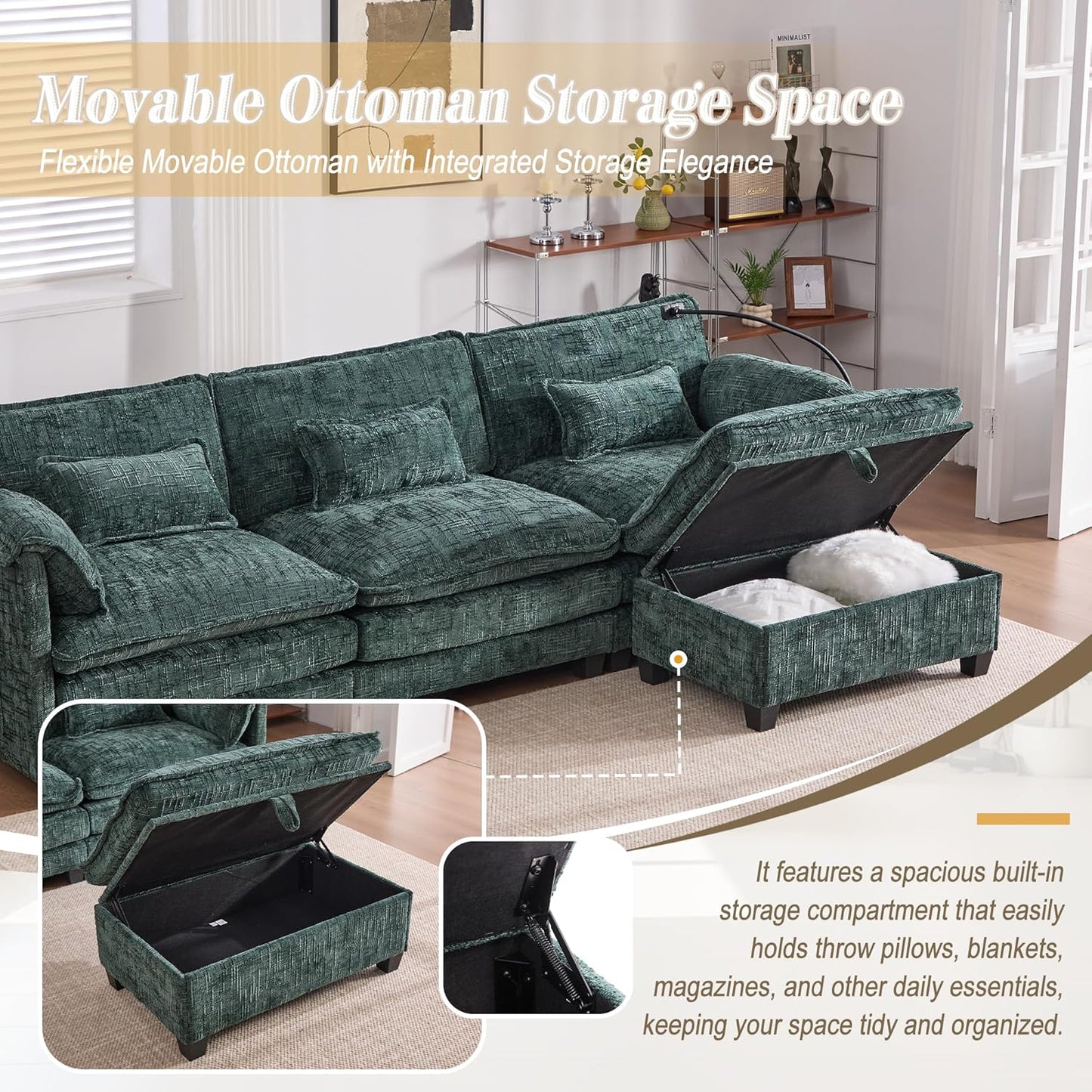 Ball & Cast Modular Sectional Sofa,Comfy Cloud Couch with Movable Storage Ottoman,L Shaped Sectional Sofa W/USB Charging Port,Phone Holder and Side Pocket,Chenille Fabric,for Living Room,Emerald,109"