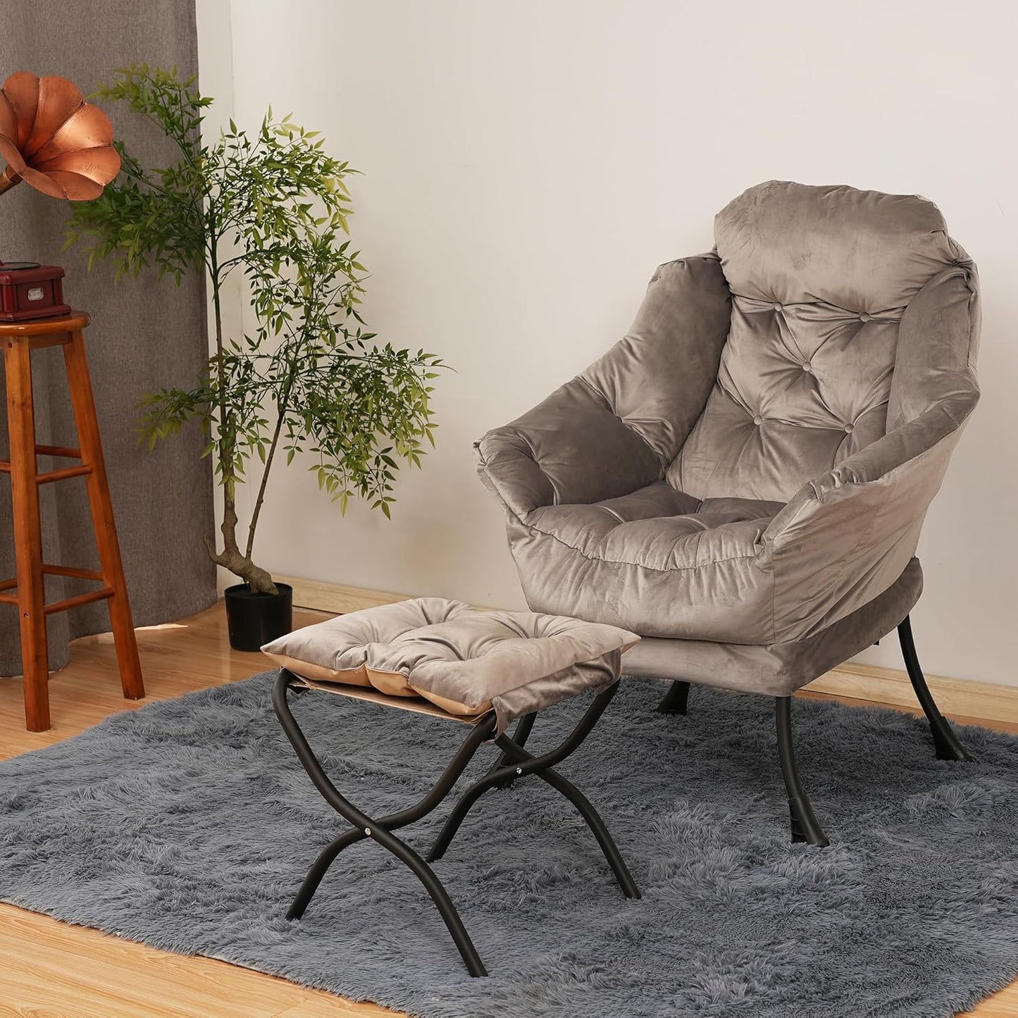 Lazy Chair with Folding Ottoman,Living Room Chairs, Accent Contemporary Lounge Chair, Single Steel Frame Leisure Sofa Chair with Armrests and A Side Pocket (Light Gray)