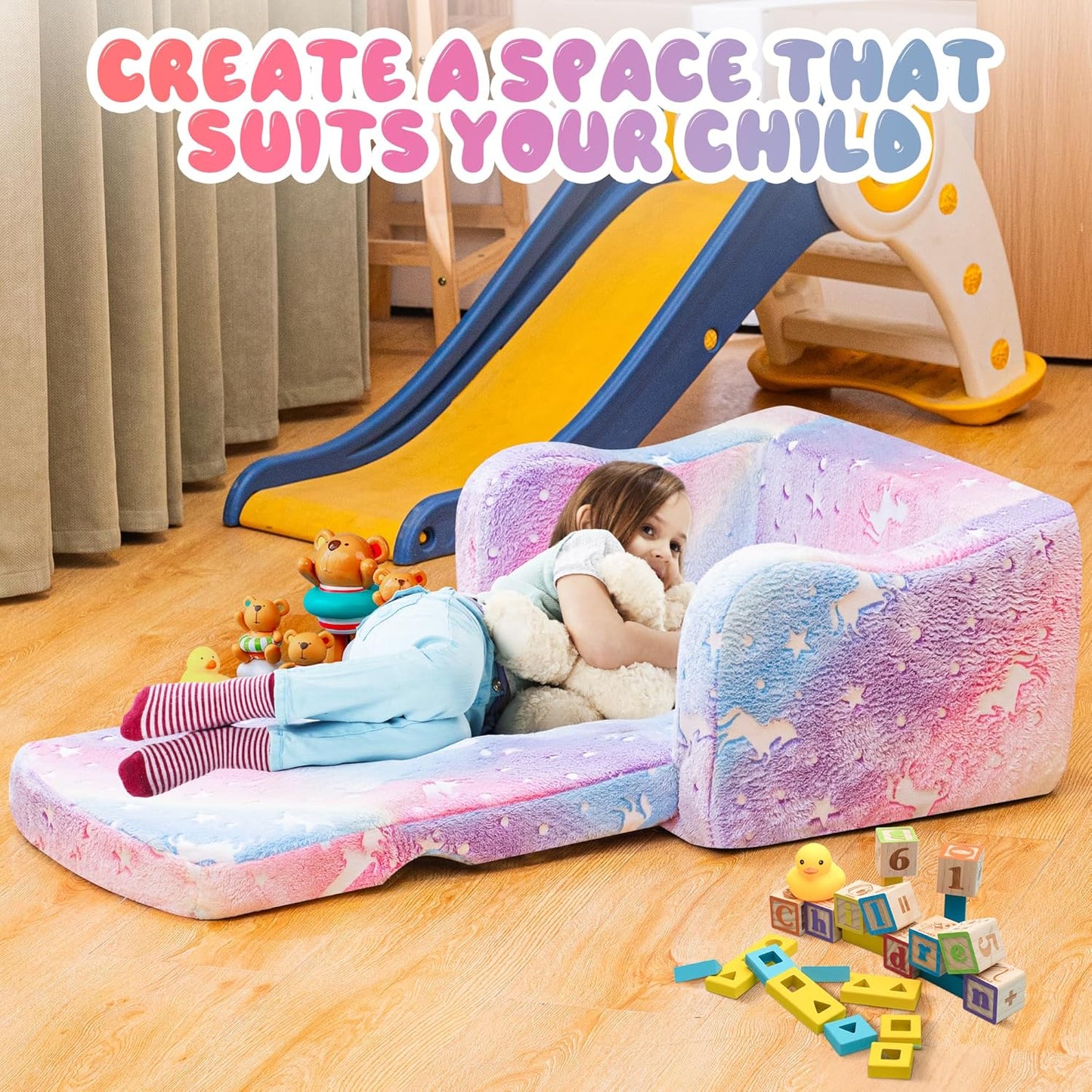 Lamerge 2-in-1 Toddler Couch,Glow in The Dark Baby Floor Bed,Foldable Toddler Chair Kids Sofa for playroom,Convertible Sofa to Lounger for Girls and Boys (Rainbow and Unicorn)