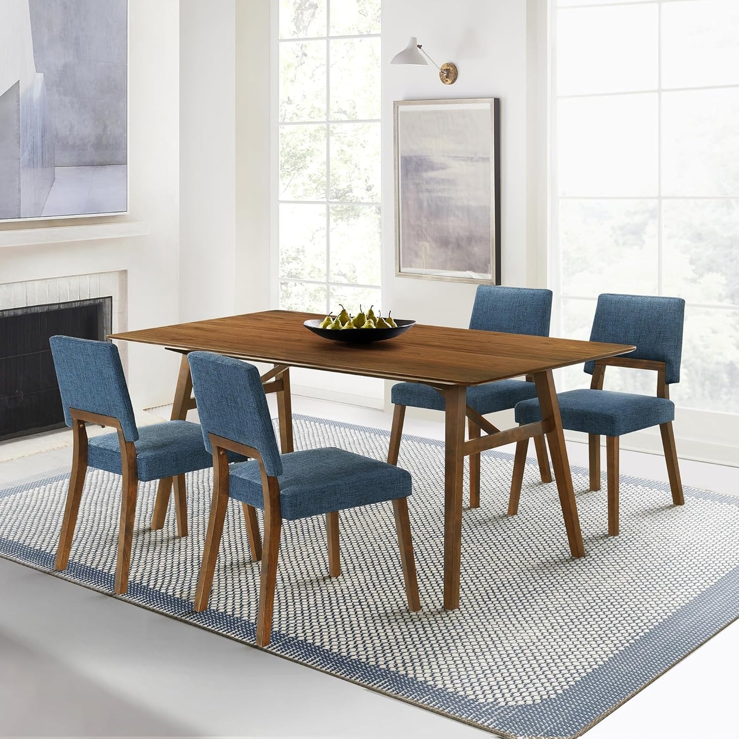 Armen Living Channell Mid Century Modern 5 Piece Walnut Wood Dining Table Set with Blue Fabric
