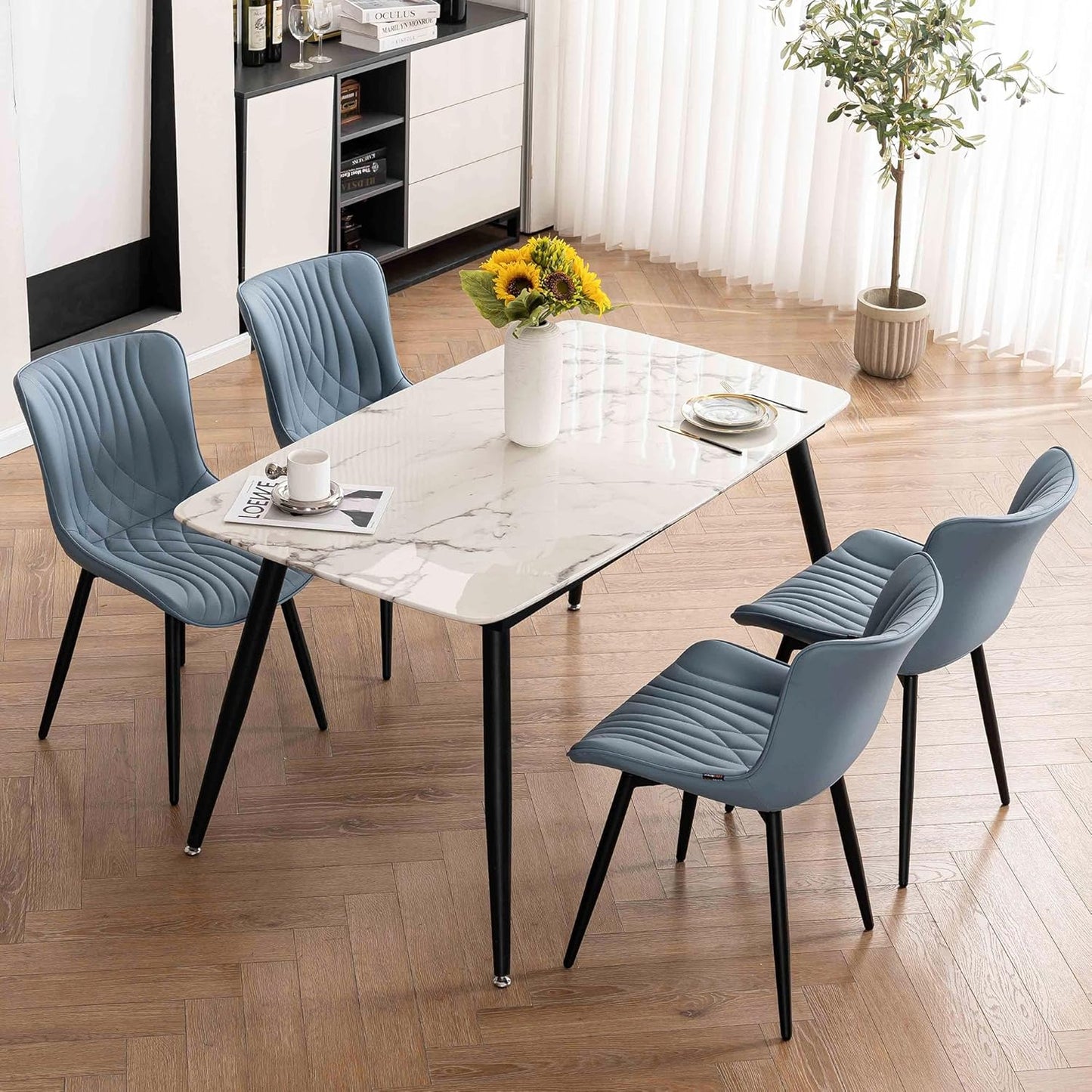 Kidol&Shellder Blue Dining Chairs Set of 2,Faux Leather Upholstered Mid Century Modern Kitchen&Dining Room Chair with Back,Ergonomic Armless Vanity&Living Room Chair with Metal Legs