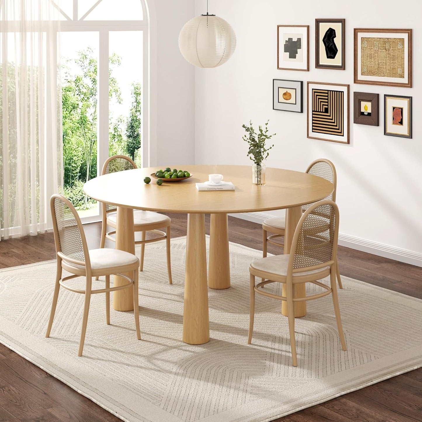 Casaphoria 59" Round Dining Table, Kitchen Table for 6 with Arc-Shaped Edge Top and Cylindrical Legs, Easy Assembly for Living Room, Dining Room, Oak