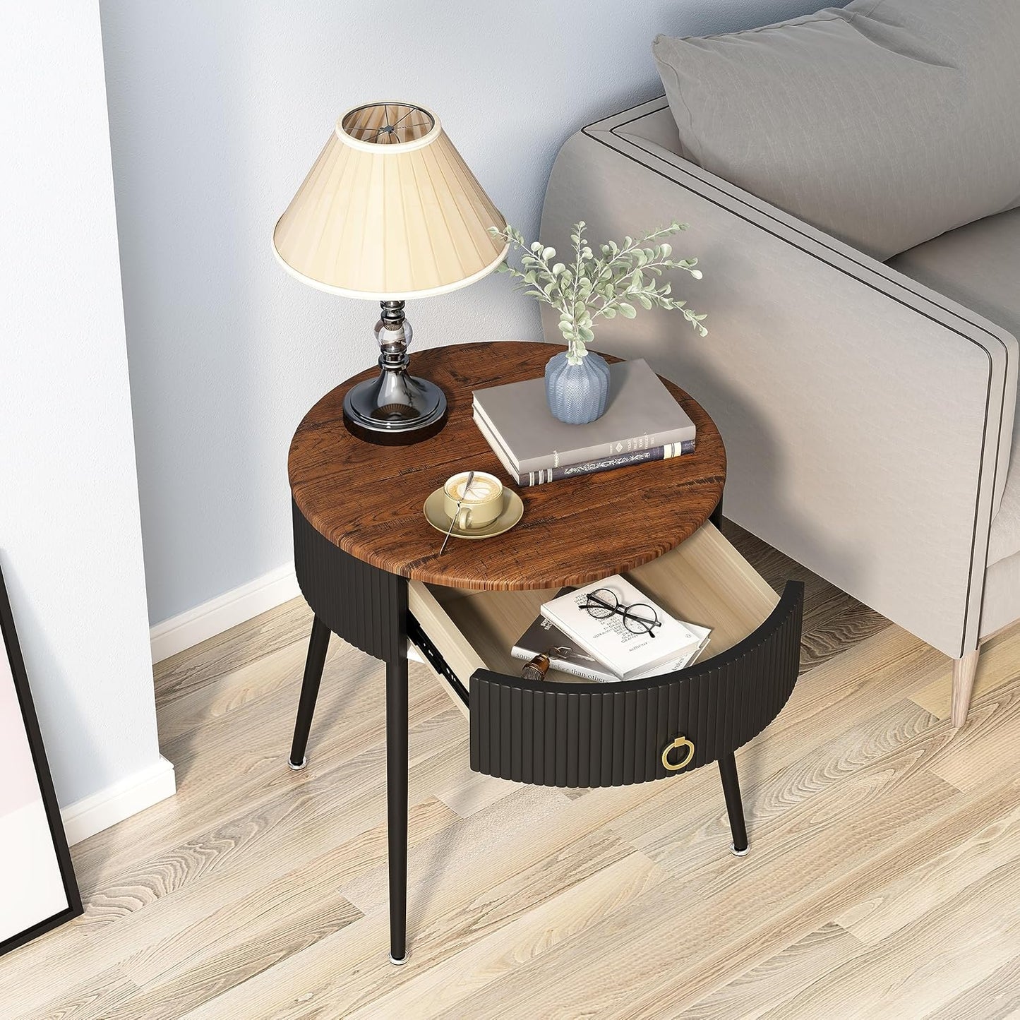 OIOG Side Tables Set of 2, Round Nightstand with Drawer, Modern Bedside End Tables for Small Space, Living Room, Bedroom, Office, Dorm, Rustic Brown and Black