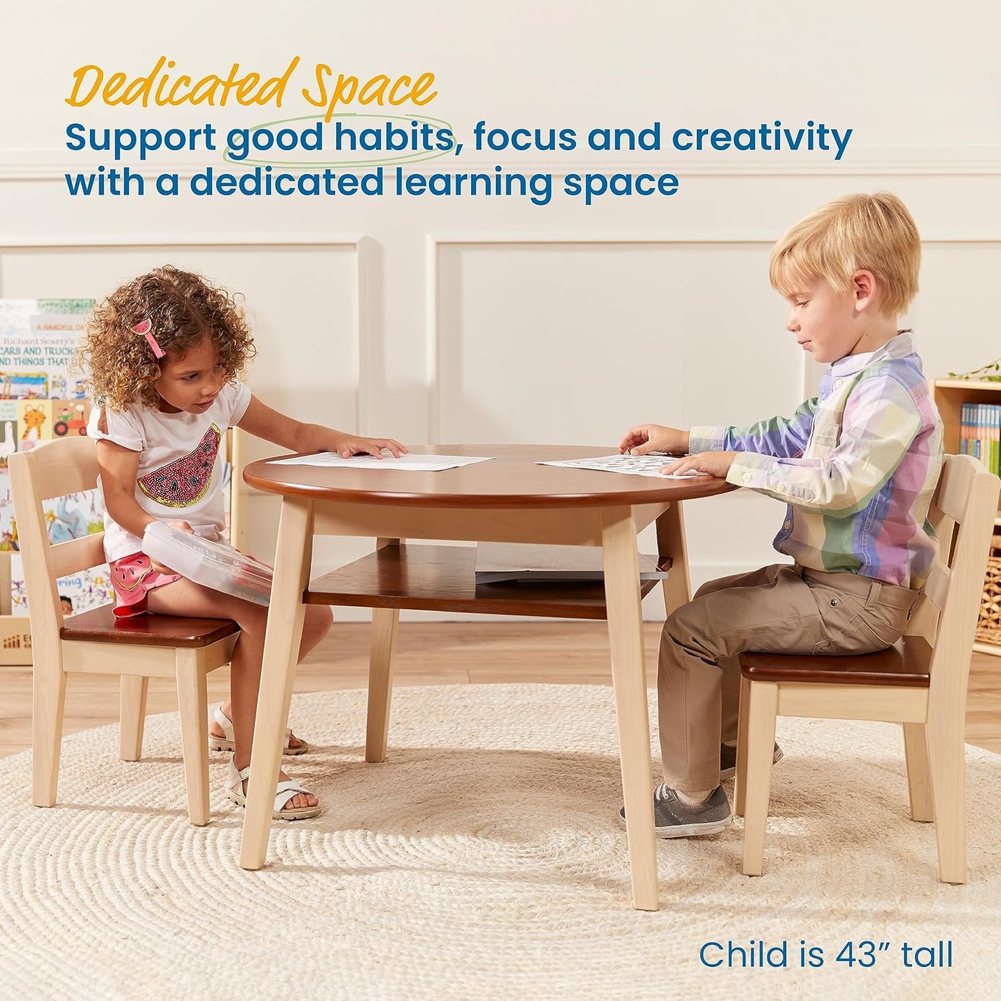 ECR4Kids Hideaway Table and Chair Set, Kids Furniture, Dark Walnut/Antique White, 3-Piece